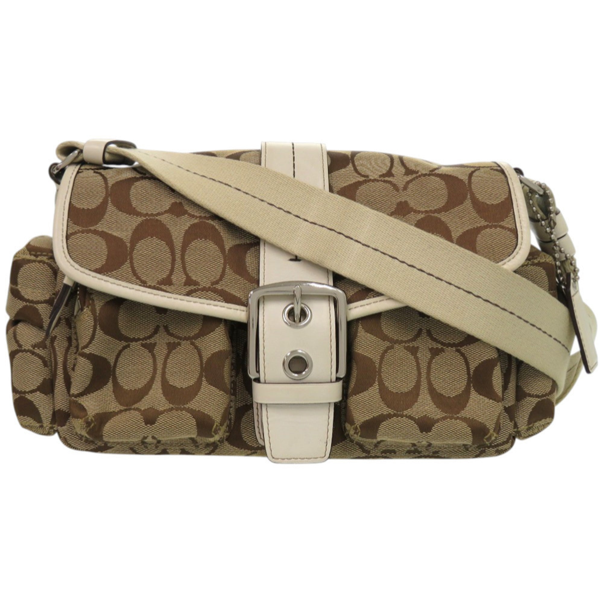 Coach Beige Brown Leather Canvas Shoulder Bag (Pre-Owned)