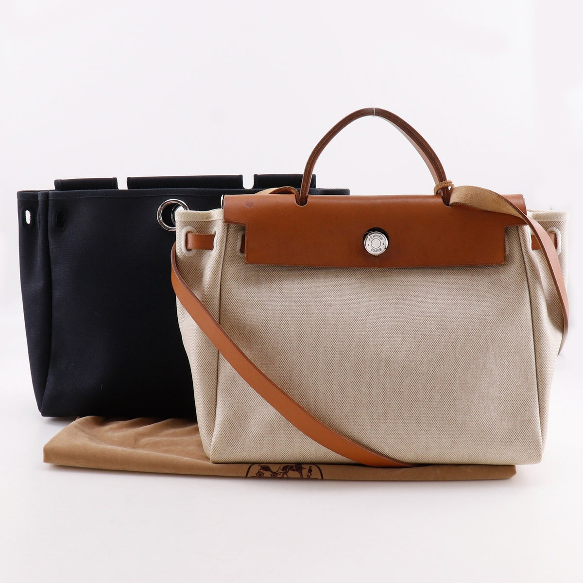 Hermes Her Bag Beige Black Toile H Shoulder Bag (Pre-Owned)