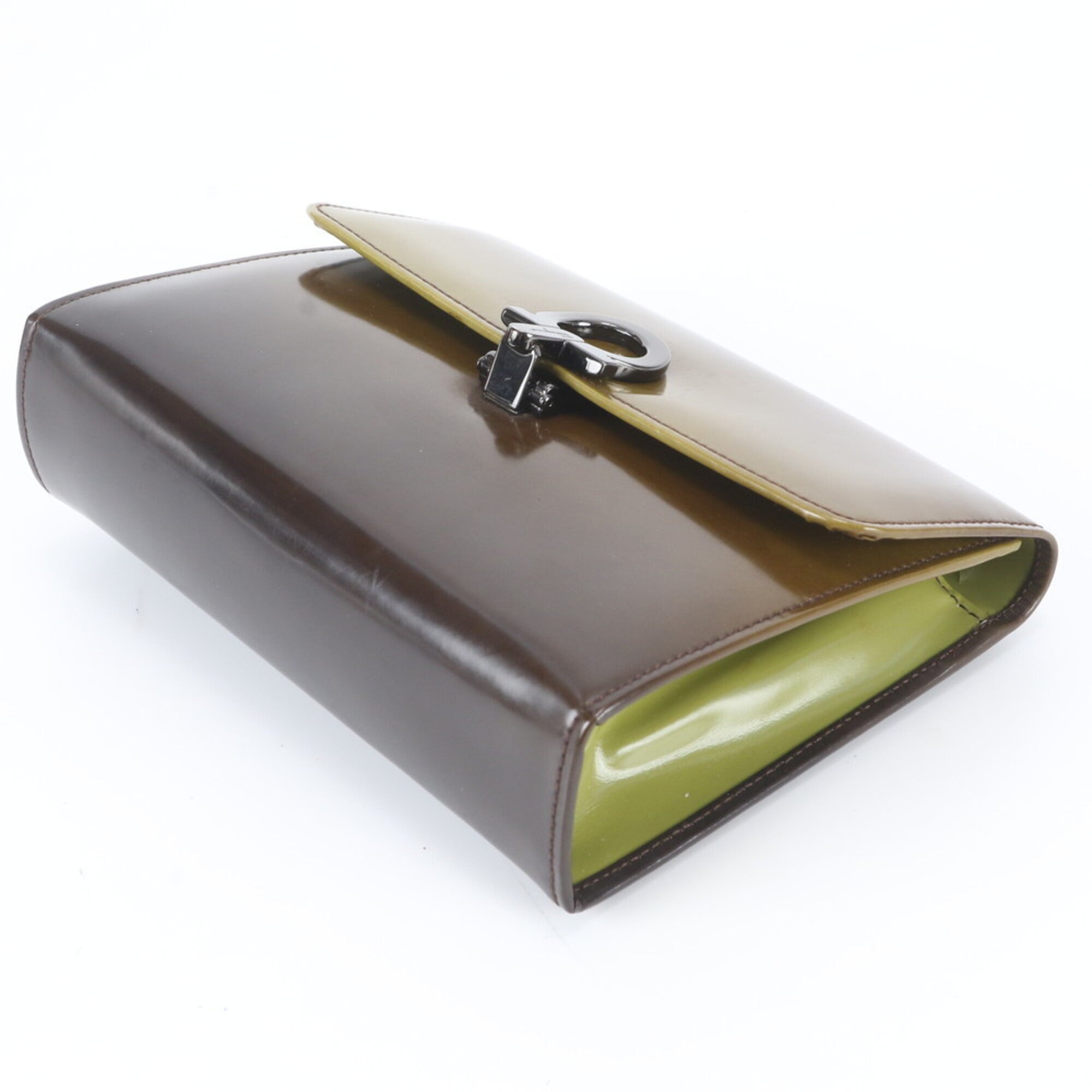 Salvatore Ferragamo Gancini Green Khaki Leather Clutch Bag Handbag Pouch Tote Bag (Pre-Owned)