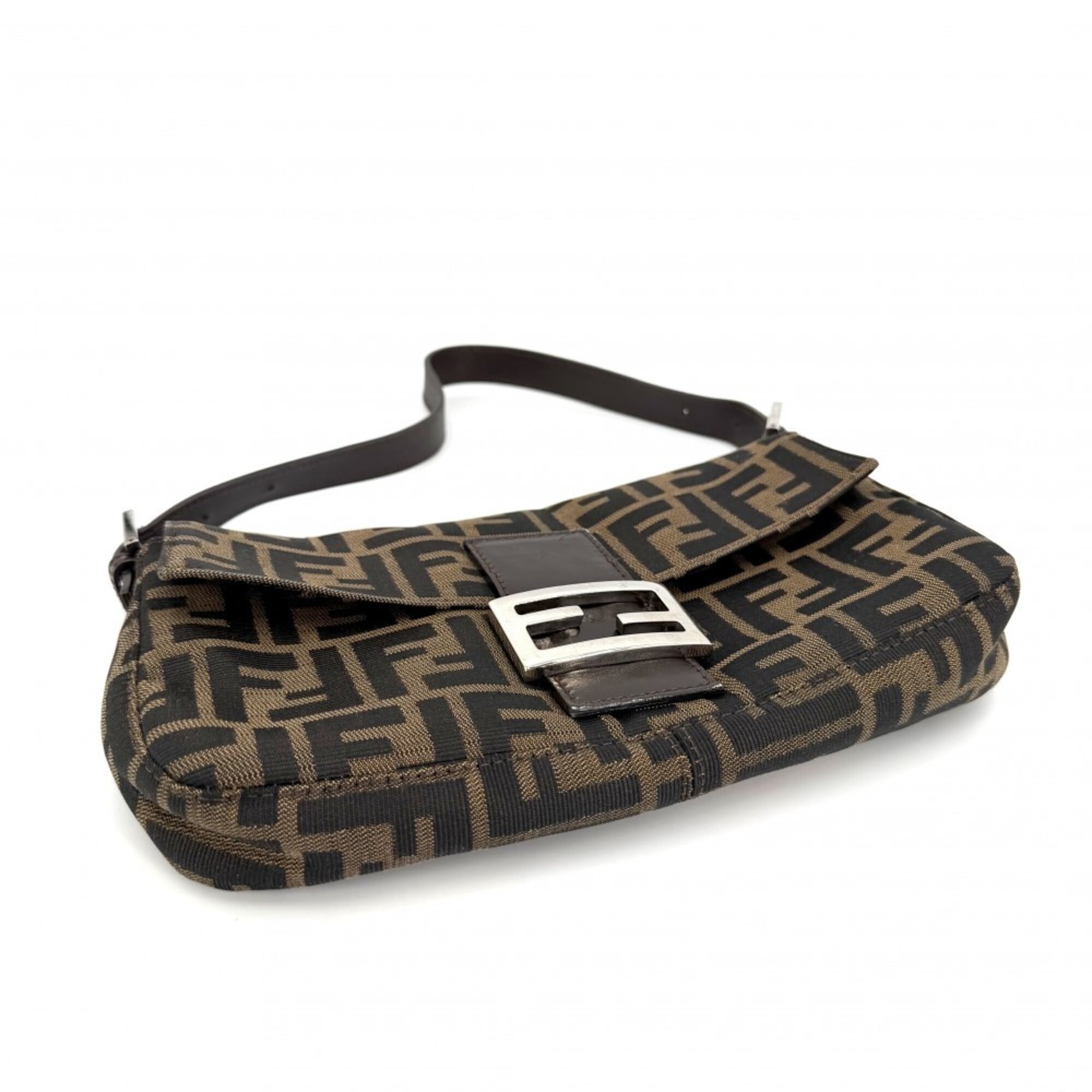 Fendi Zucca Brown Canvas Leather Shoulder Bag (Pre-Owned)