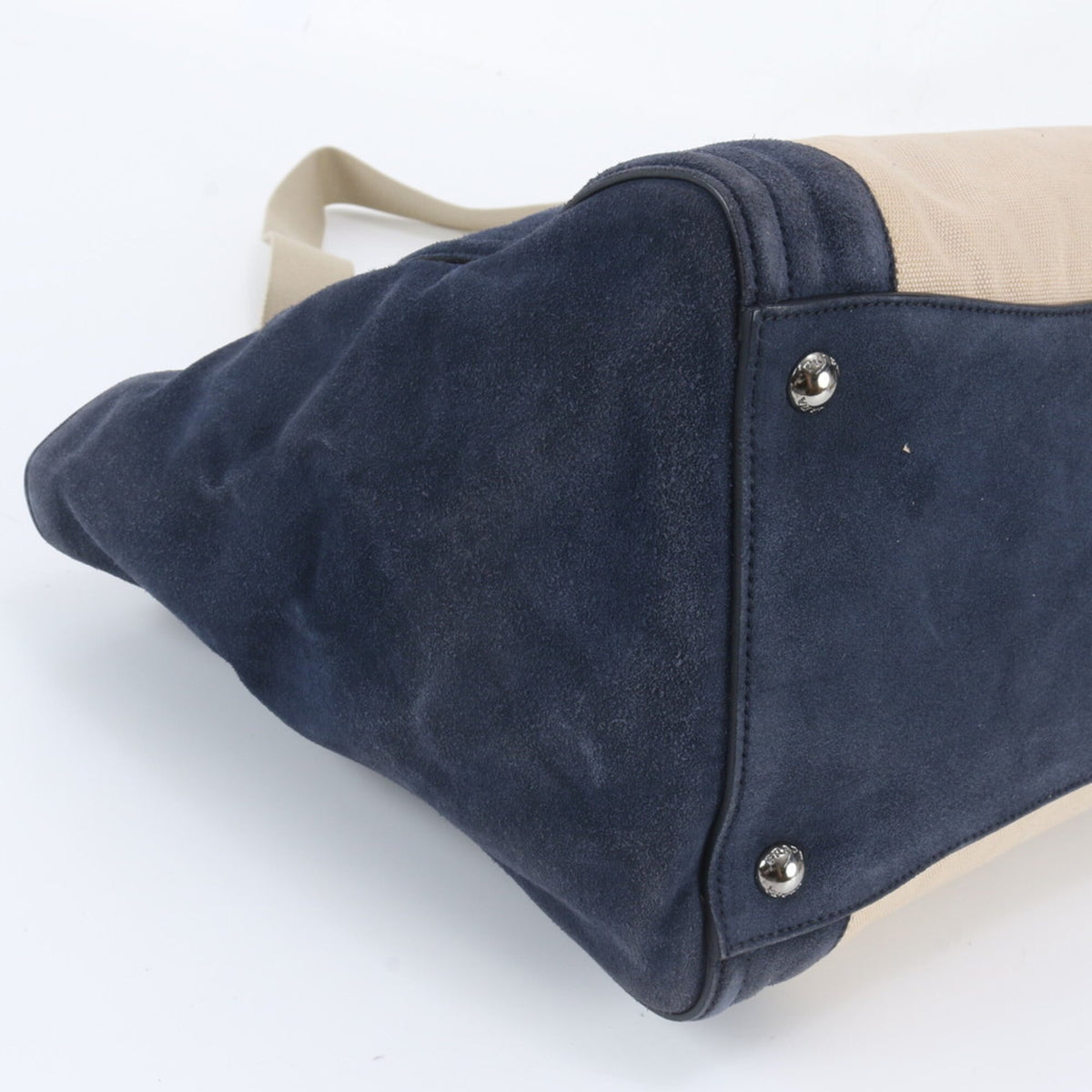 Prada Beige Navy Leather Canvas Handbag Shoulder Bag Tote Bag (Pre-Owned)
