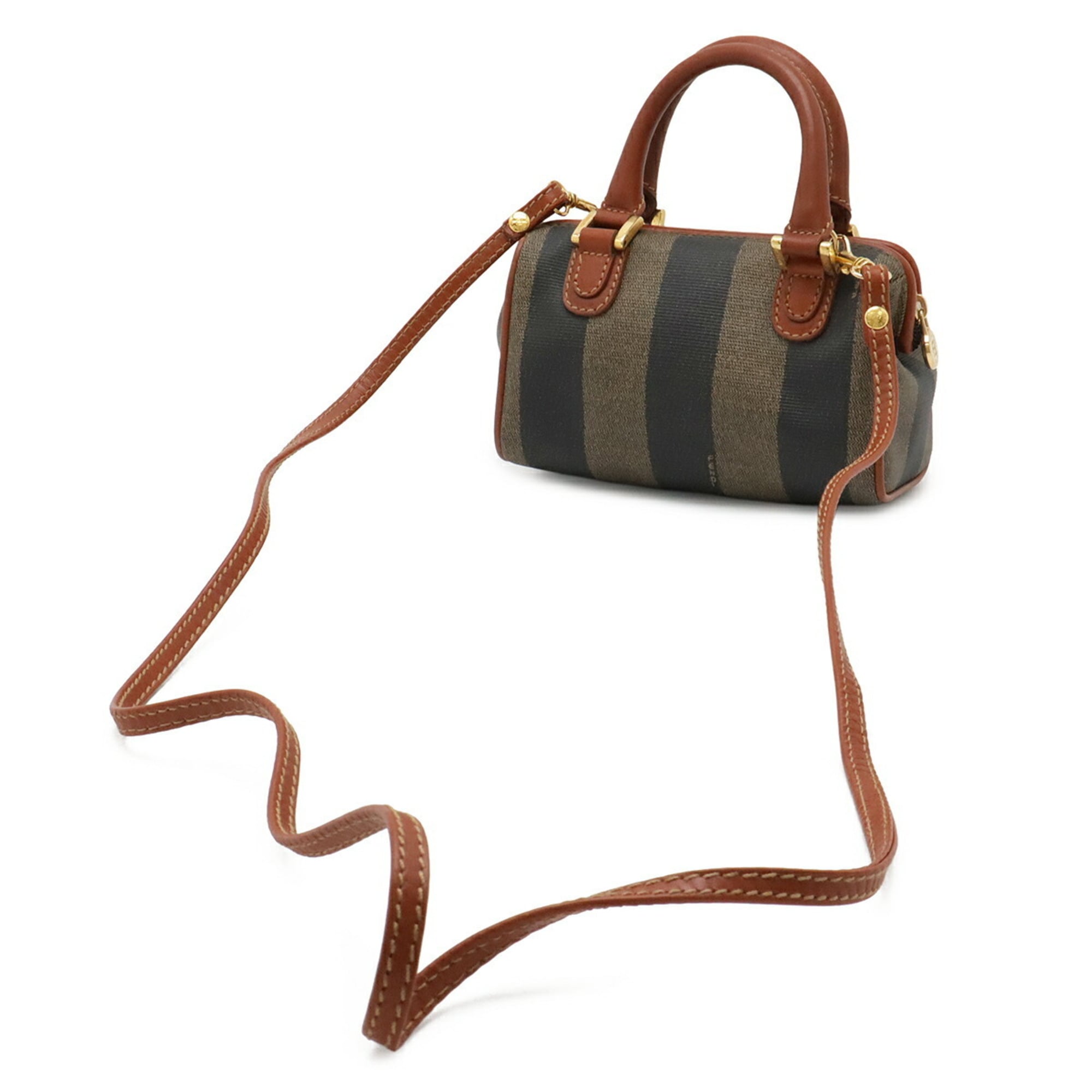 Fendi Black Khaki Light Brown Coated Canvas Leather Boston Bag Handbag Shoulder Bag (Pre-Owned)