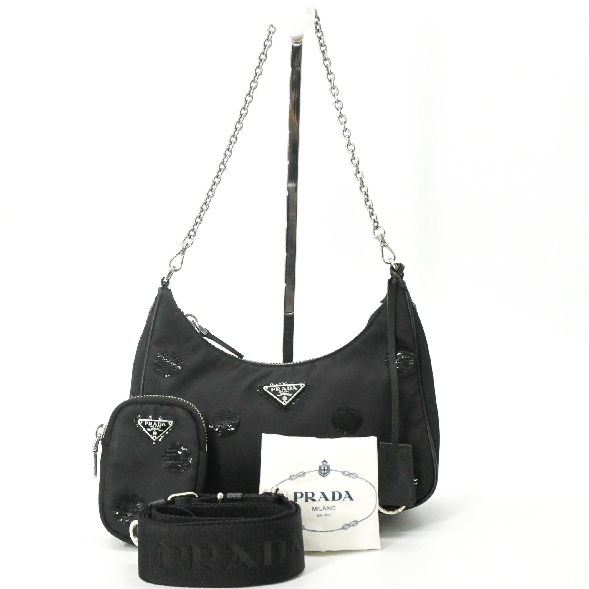 Prada Black Nylon Leather Spangles Handbag Shoulder Bag (Pre-Owned)