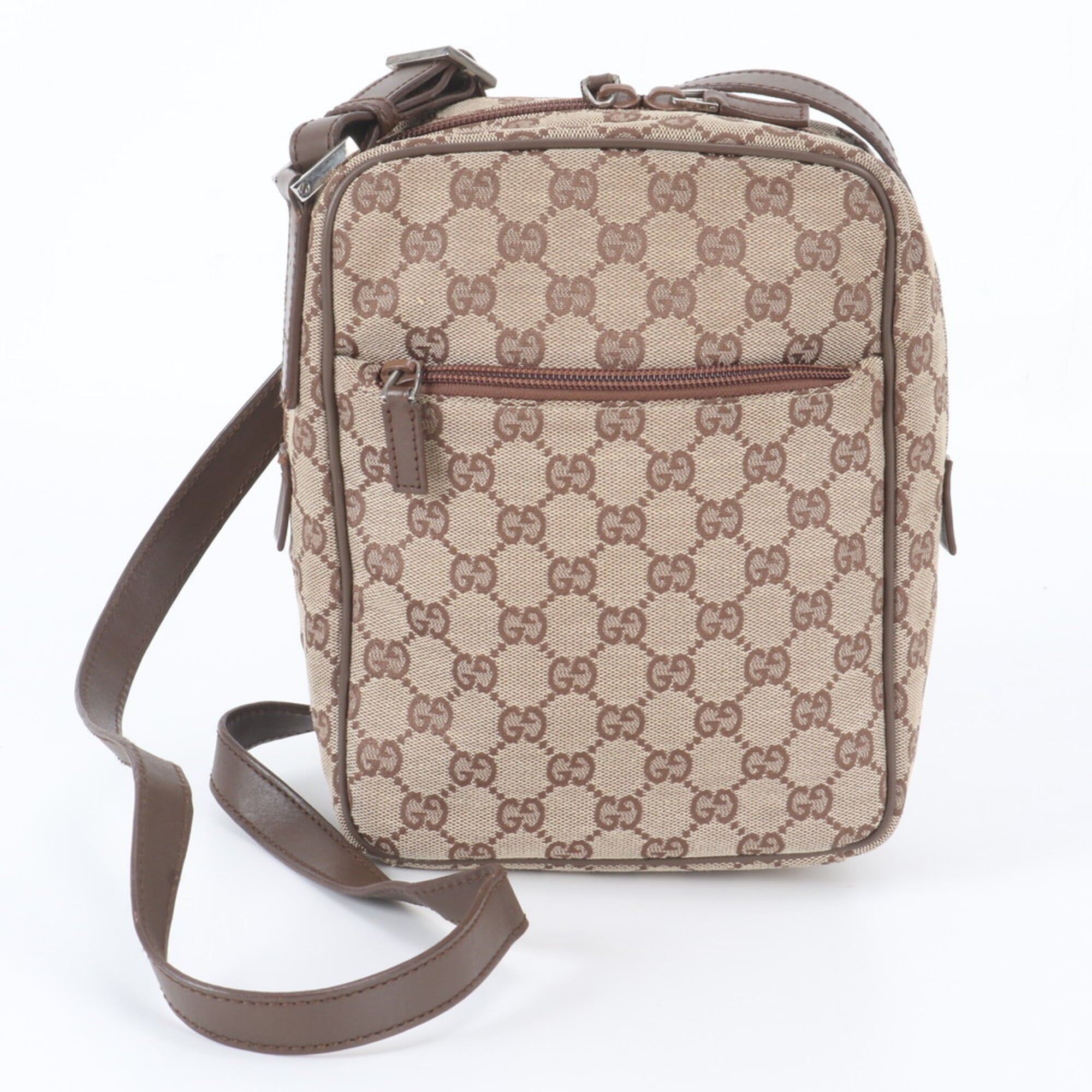 Gucci Brown Leather Canvas Messenger Bag Shoulder Bag (Pre-Owned)