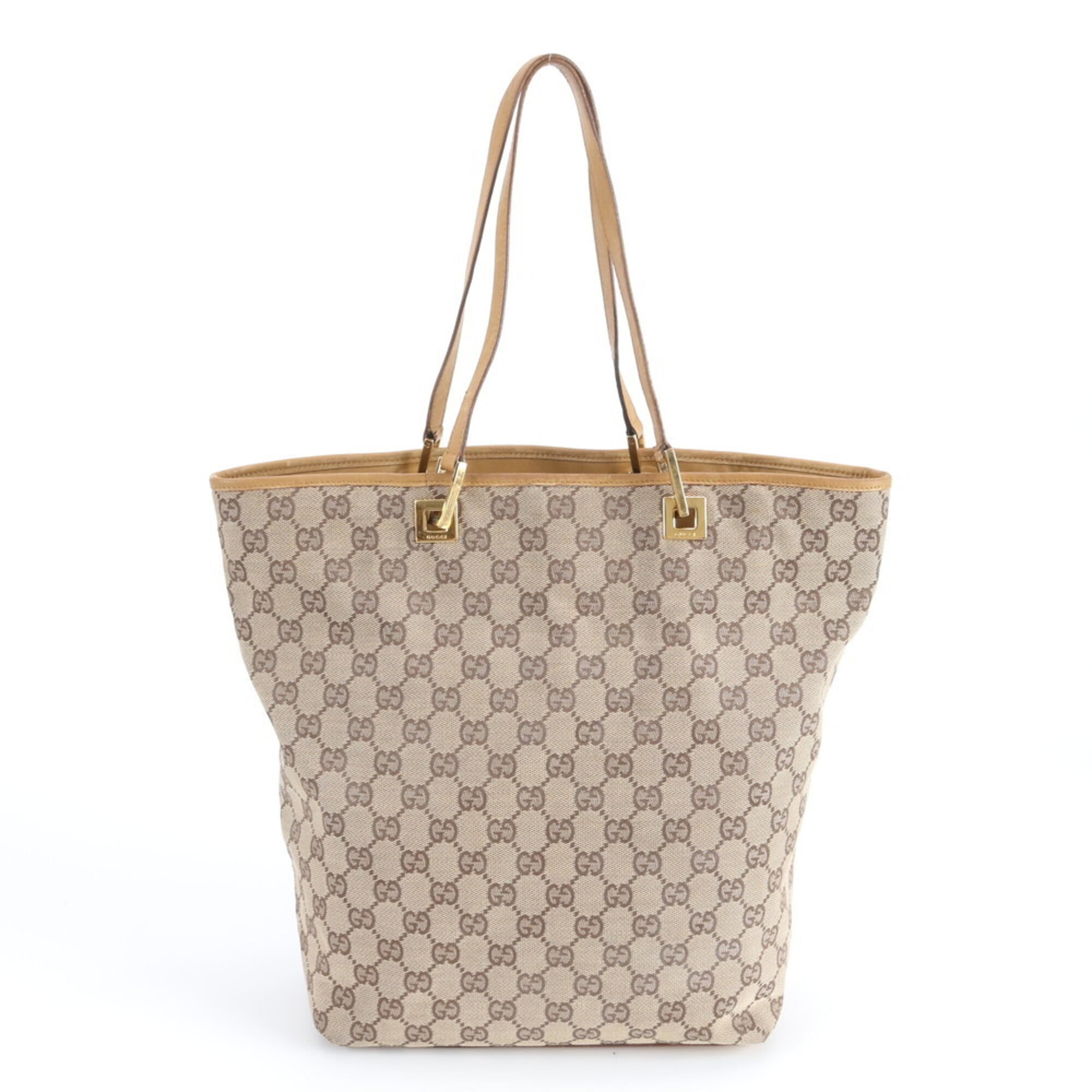 Gucci Gg Canvas Beige Brown Gg Canvas Leather Handbag Tote Bag (Pre-Owned)