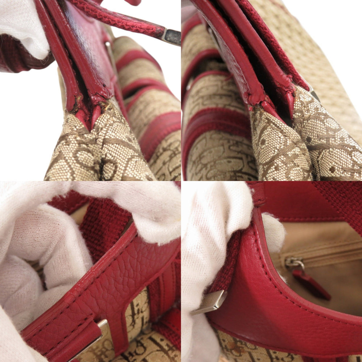 Christian Dior Beige Red Color Leather Canvas Handbag Shoulder Bag (Pre-Owned)