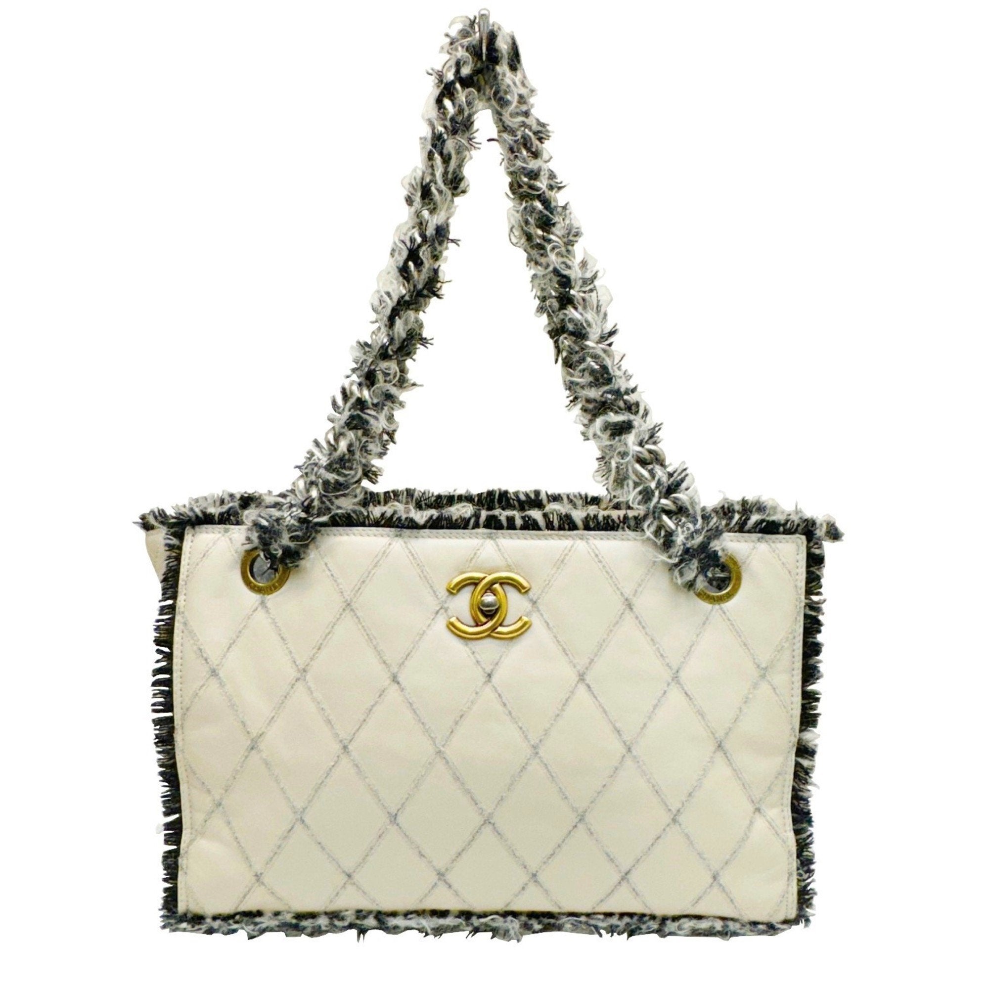 Chanel Beige Black Tweed Leather Tote Bag (Pre-Owned)