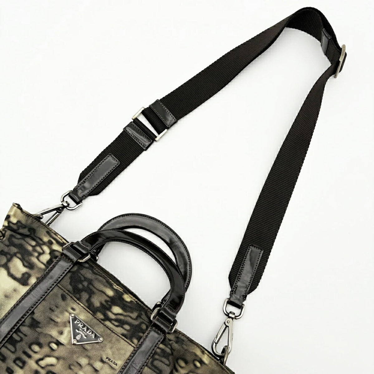 Prada Beige Black Brown Khaki Nylon Patent Leather Handbag Shoulder Bag (Pre-Owned)