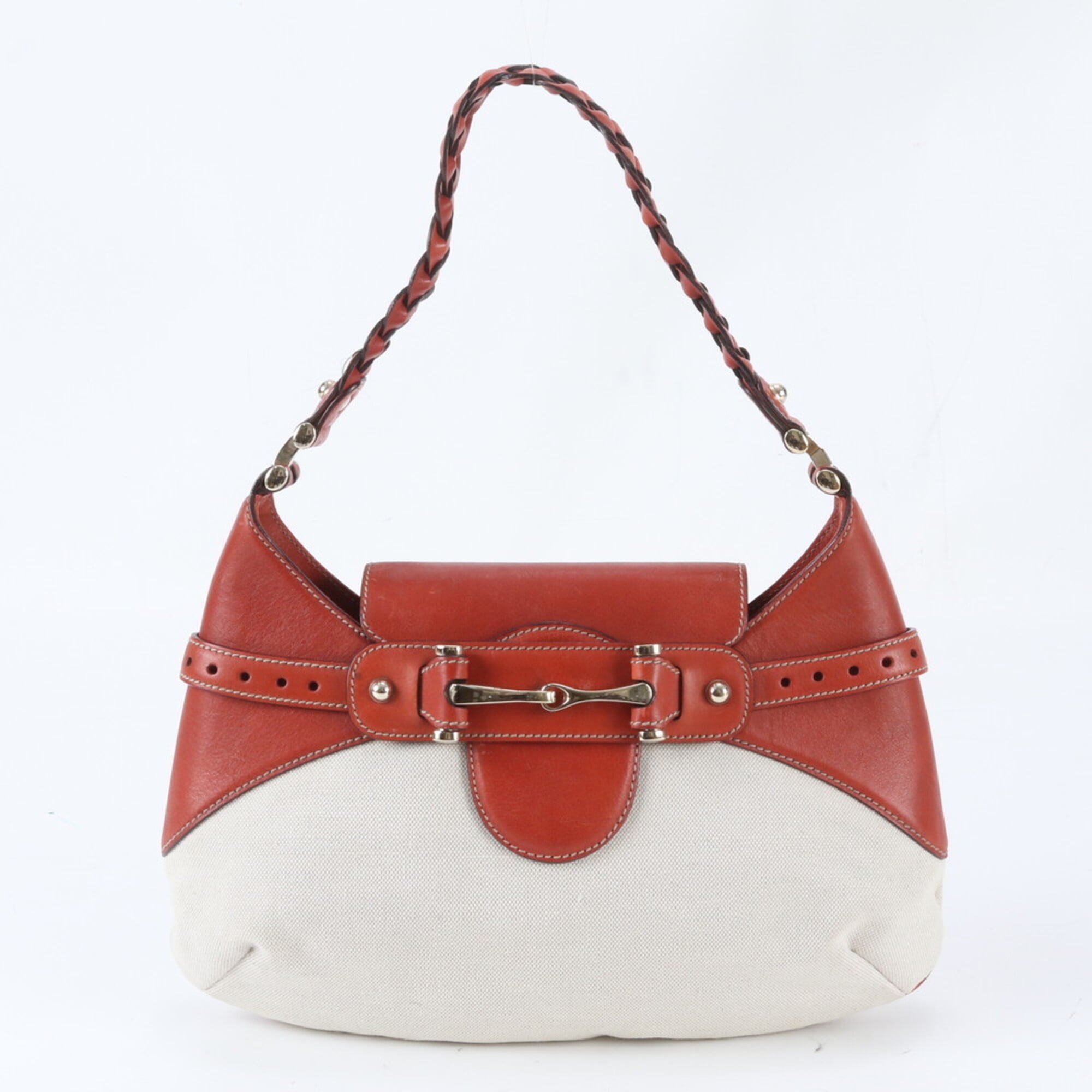 Gucci Horsebit Beige Red Color Leather Canvas Shoulder Bag Tote Bag (Pre-Owned)