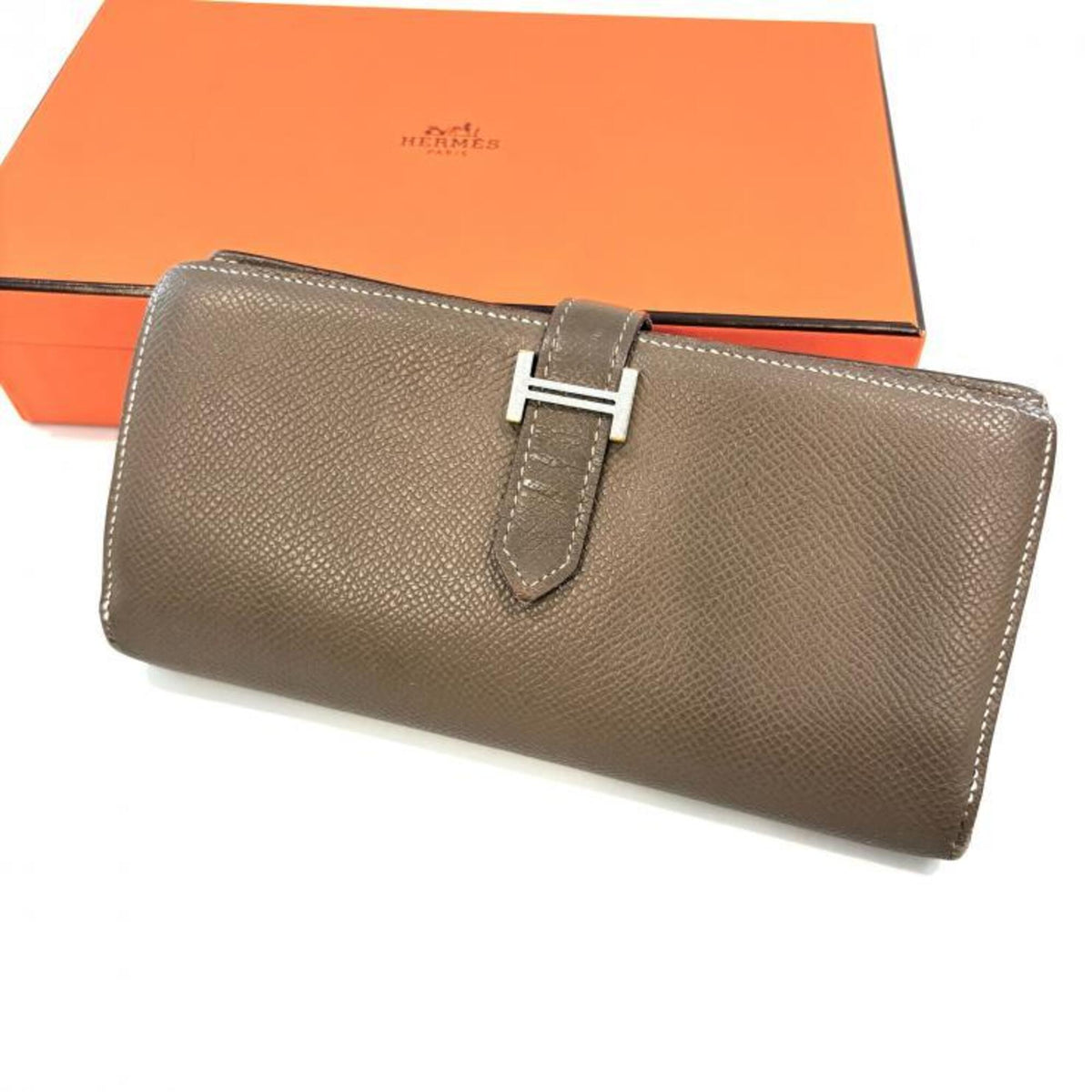 Hermes Beige Etoupe Gray Epsom Leather Long Wallet (Bi-Fold) (Pre-Owned)