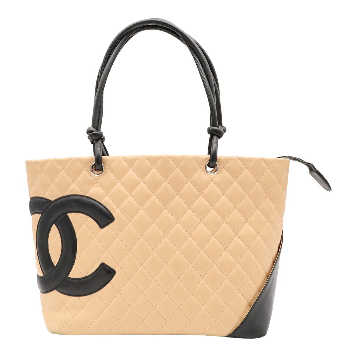 Chanel Beige Black Leather Shoulder Bag Tote Bag (Pre-Owned)