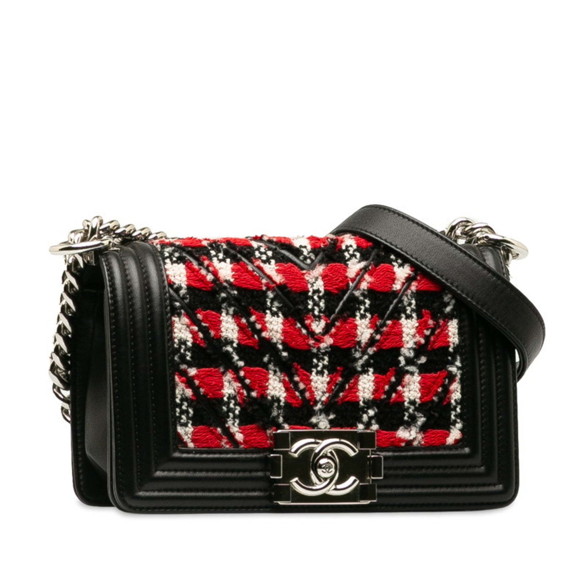Chanel Black Red Color Tweed Leather Shoulder Bag (Pre-Owned)