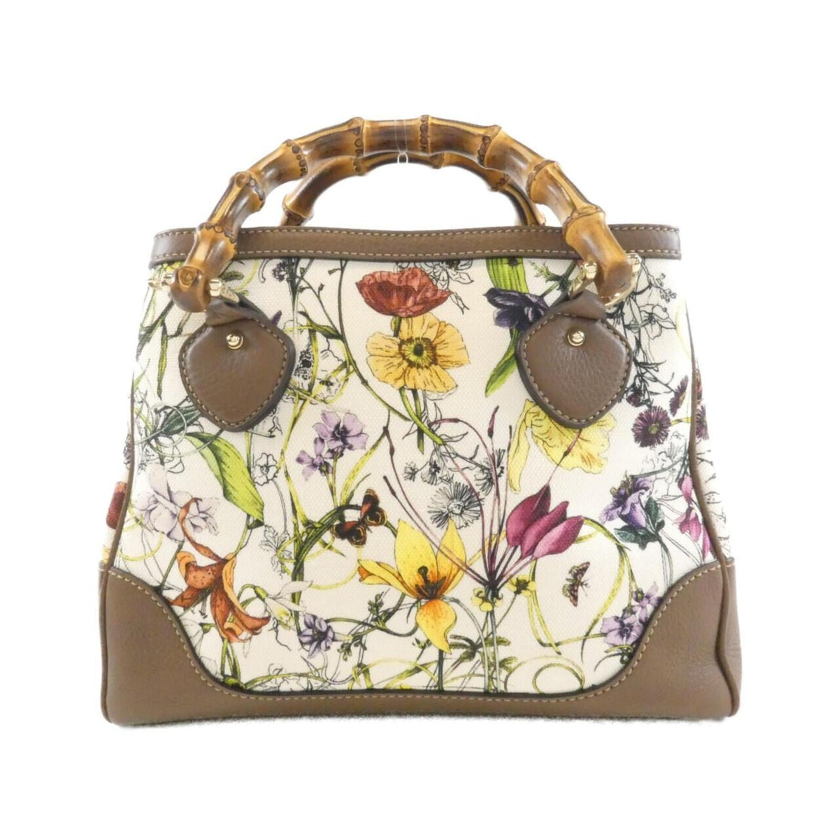 Gucci Brown Multi-Color White Canvas Leather Handbag (Pre-Owned)