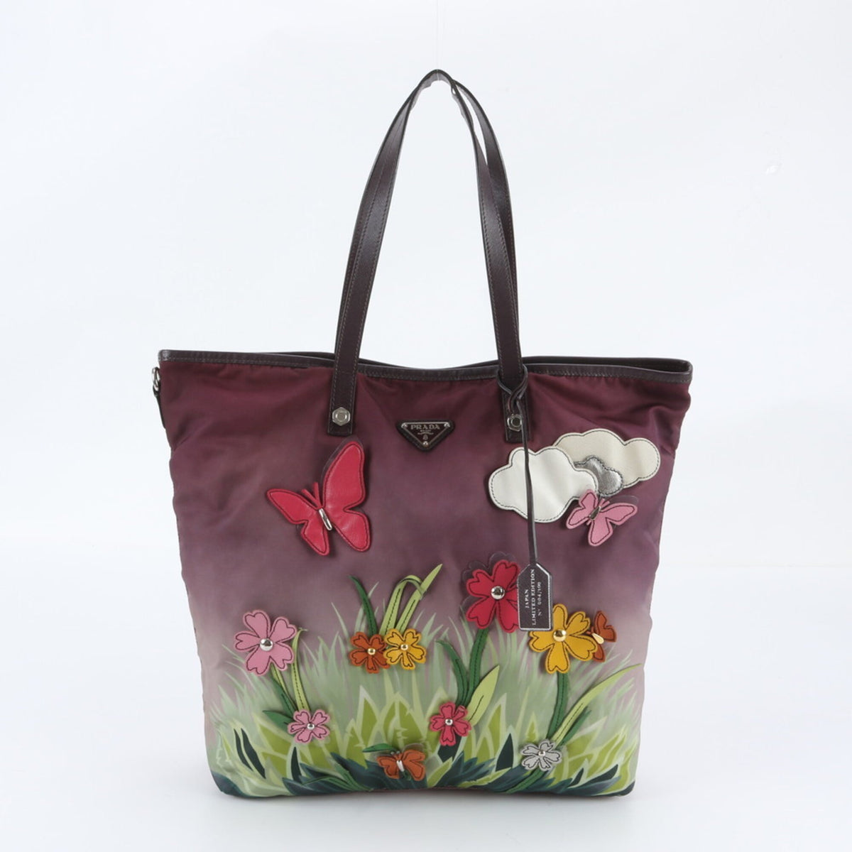 Prada Red Color Wine Leather Nylon Shoulder Bag Tote Bag (Pre-Owned)