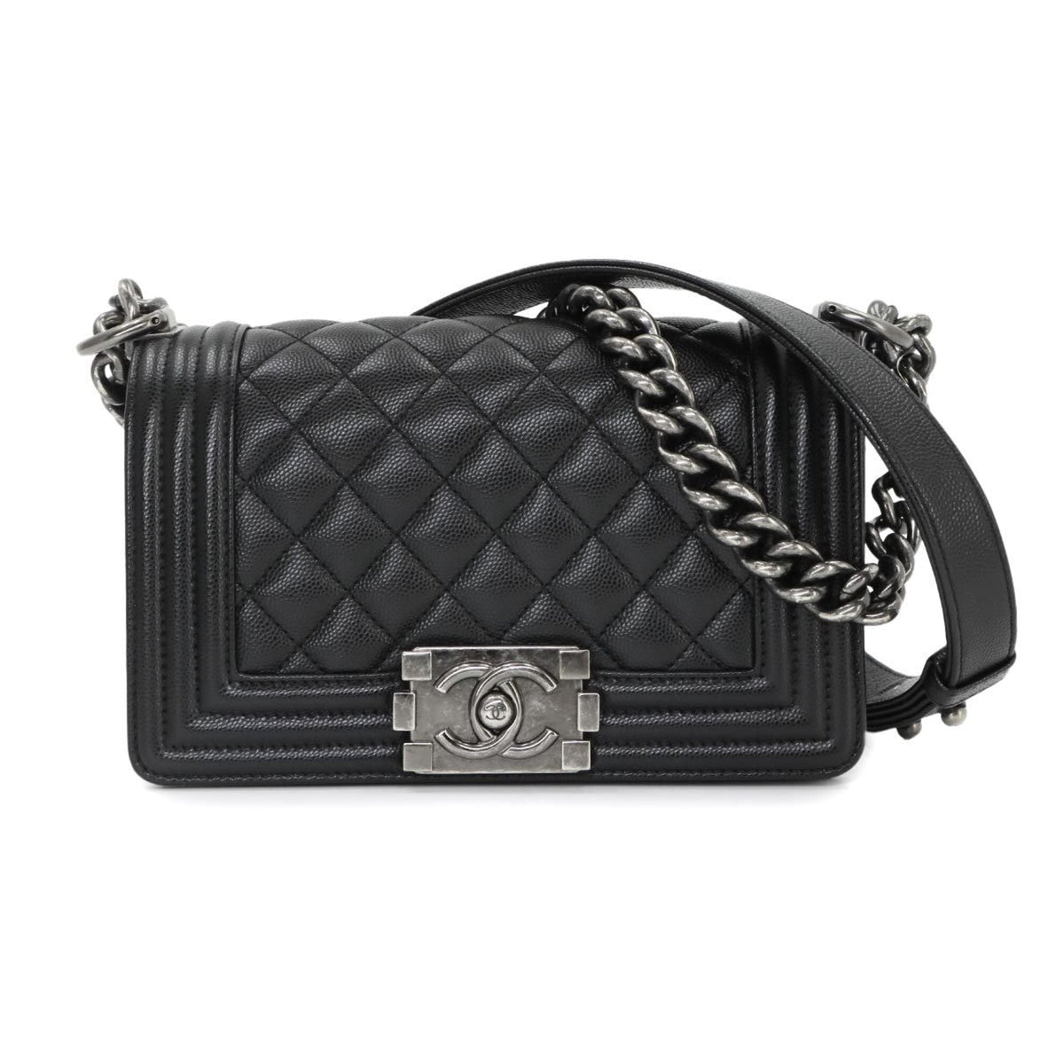 Chanel Boy Chanel Black Grained Calfskin Handbag Shoulder Bag (Pre-Owned)