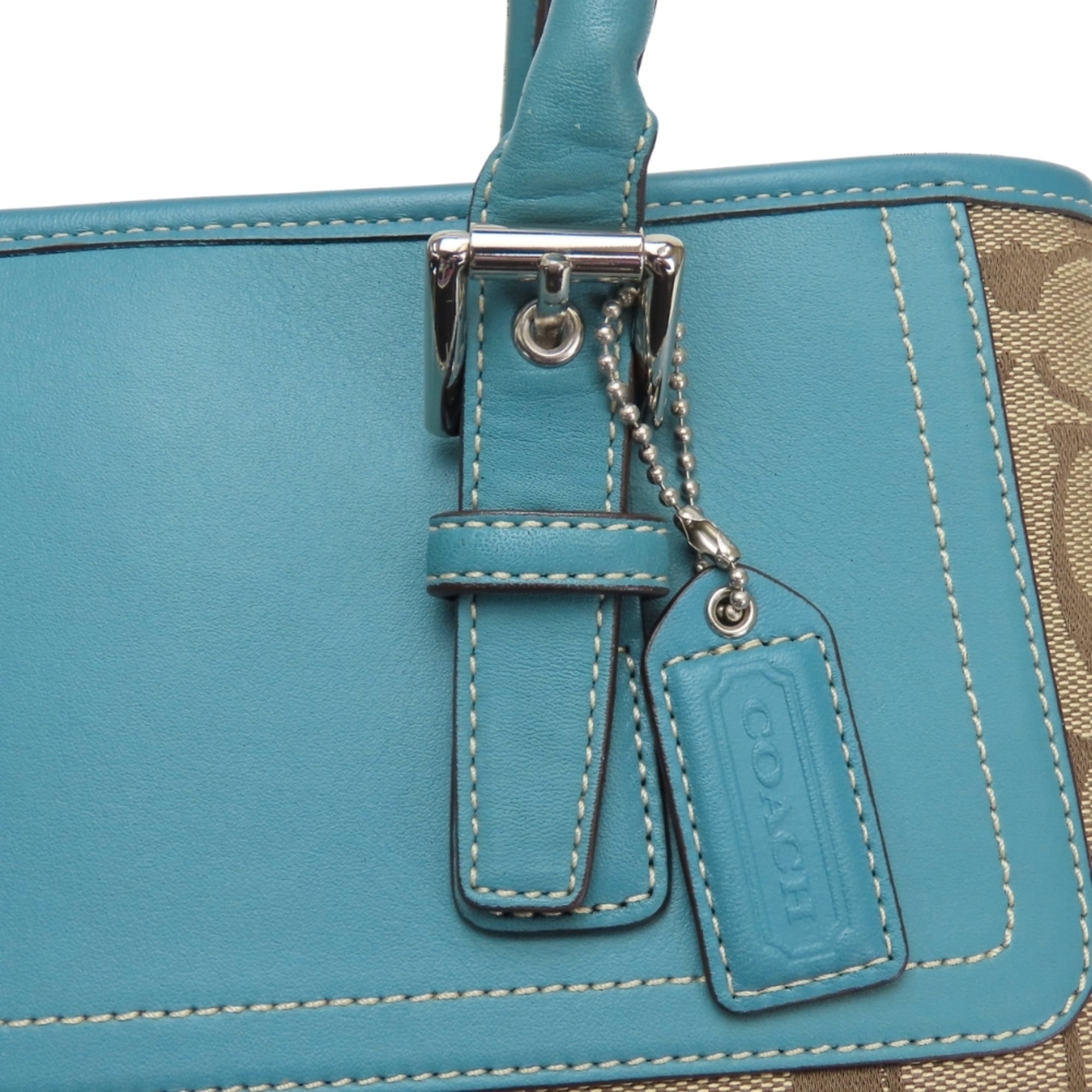 Coach Beige Blue Signature Line Canvas Leather Handbag (Pre-Owned)