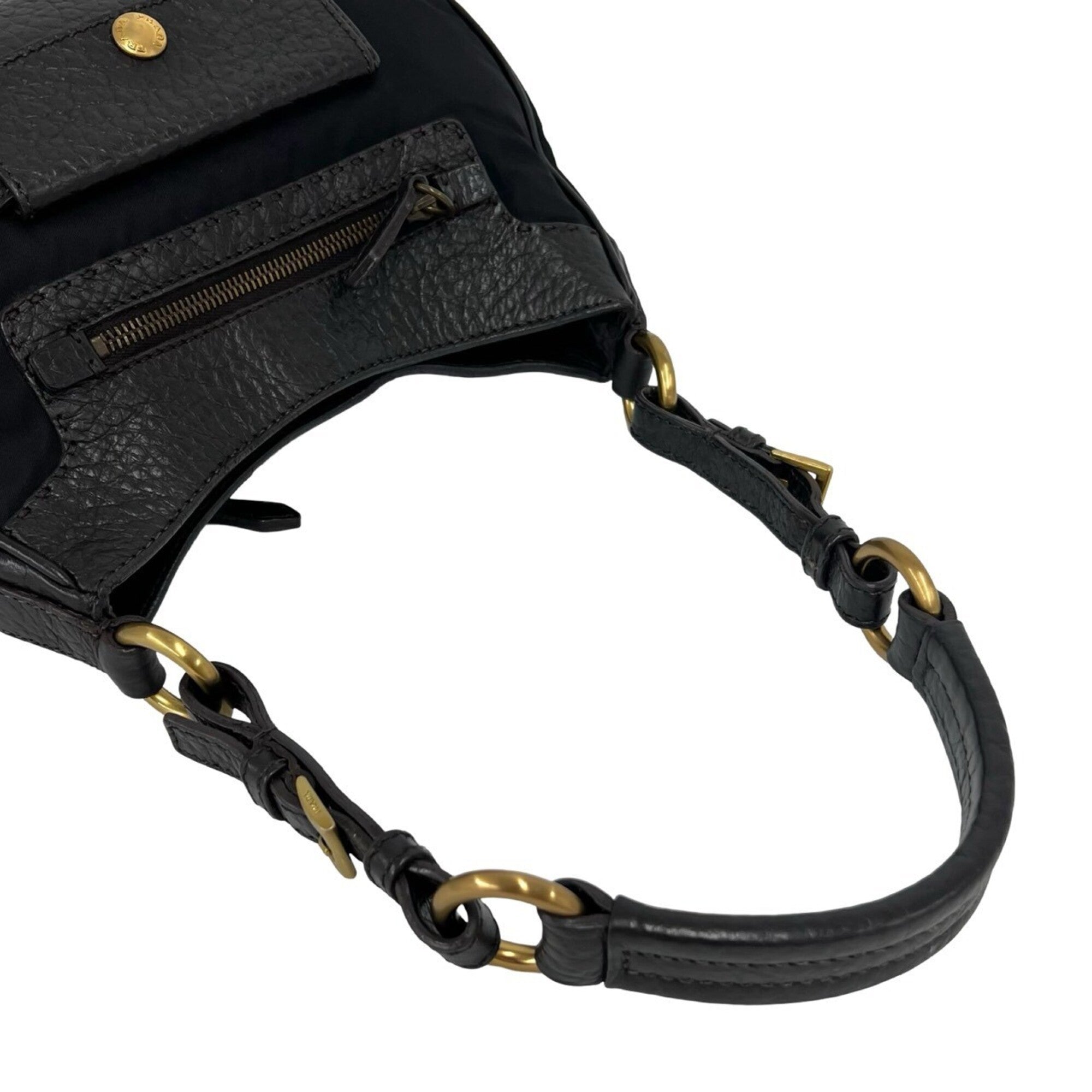 Prada Black Brown Nylon Leather Shoulder Bag Tote Bag (Pre-Owned)