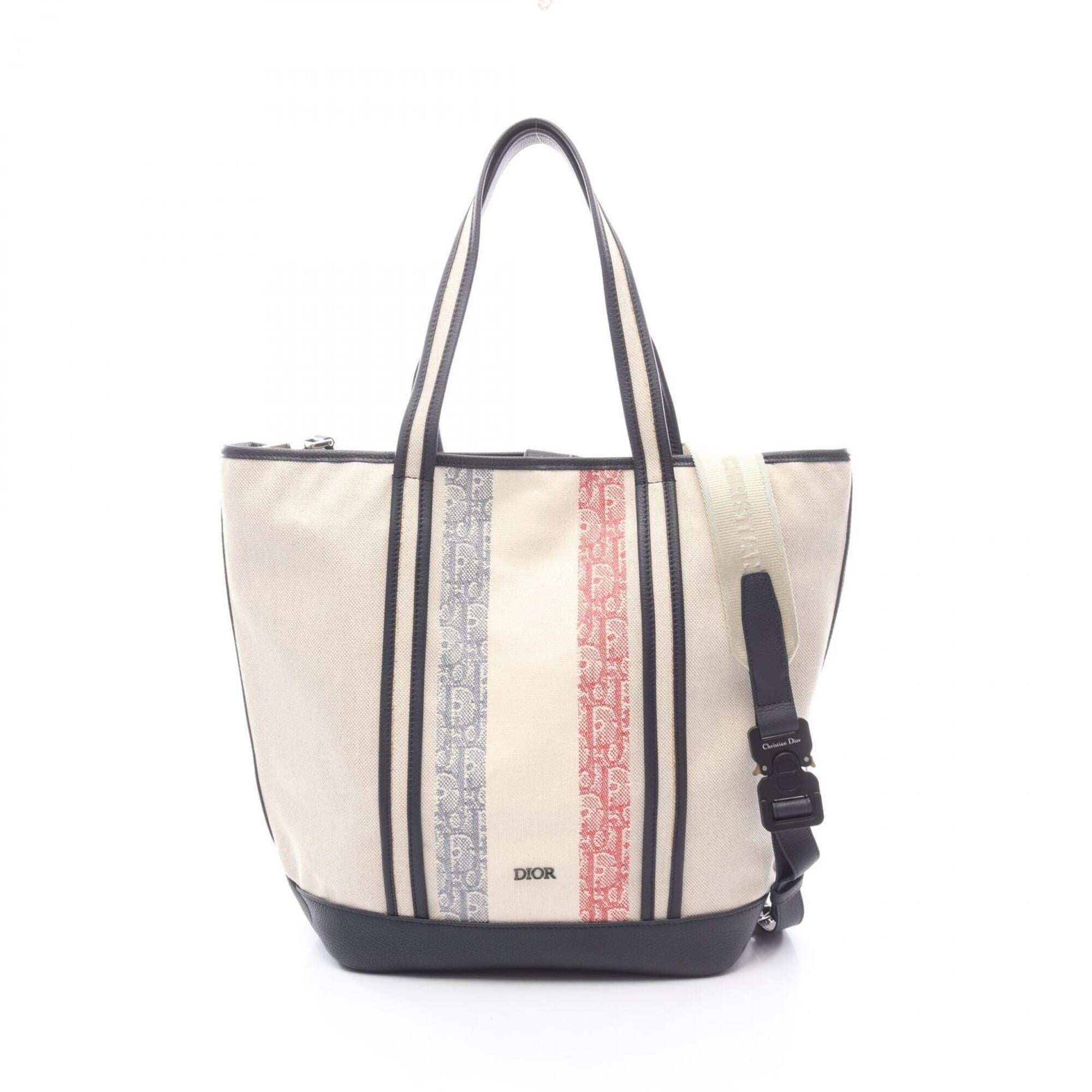 Christian Dior Ivory Navy Red Color Canvas Leather Handbag Tote Bag (Pre-Owned)