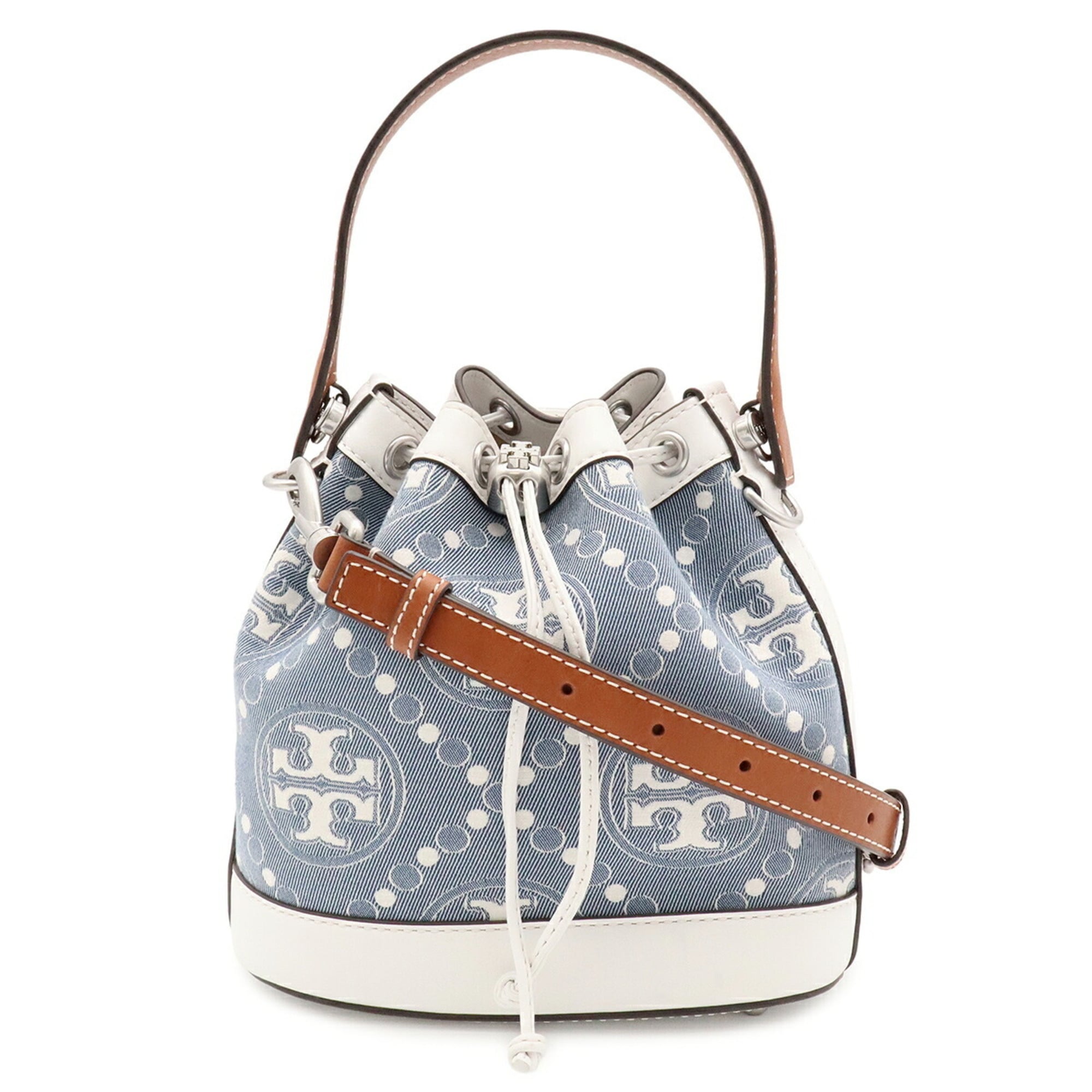 Tory Burch Brown Light Blue White Leather Denim Jacquard Handbag Shoulder Bag (Pre-Owned)