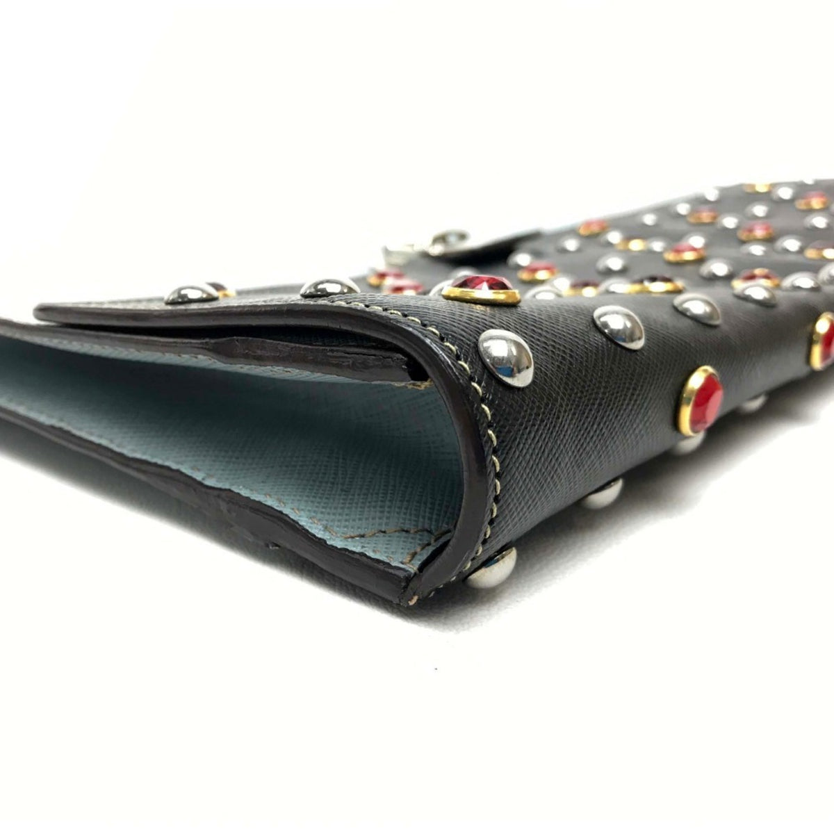 Prada Saffiano Black Light Blue Leather Clutch Bag (Pre-Owned)