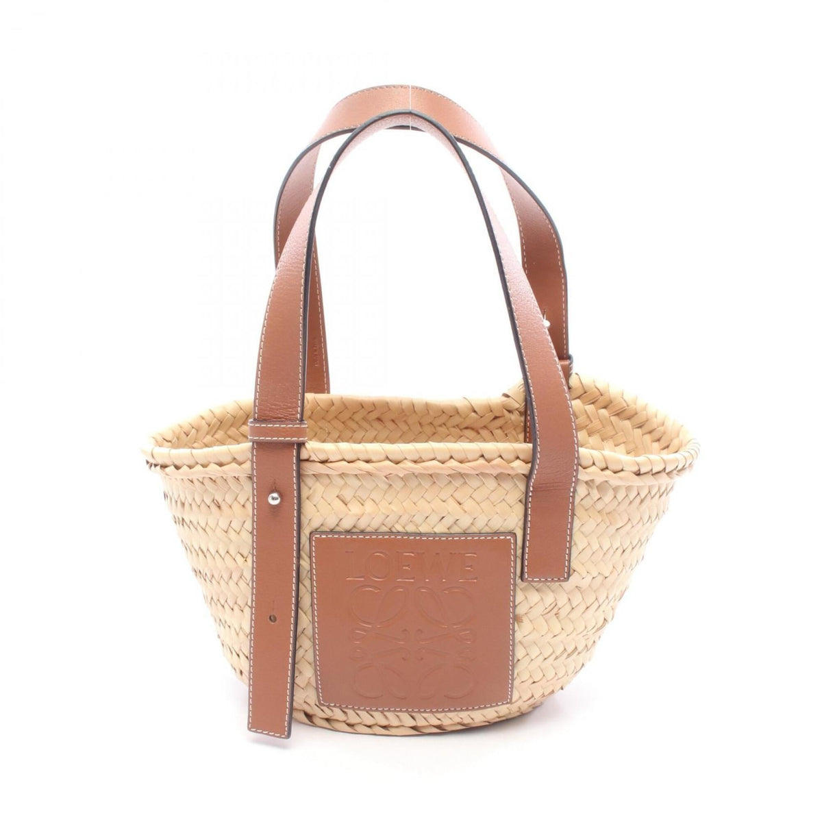 Loewe Beige Brown Leather Raffia Basket Handbag (Pre-Owned)