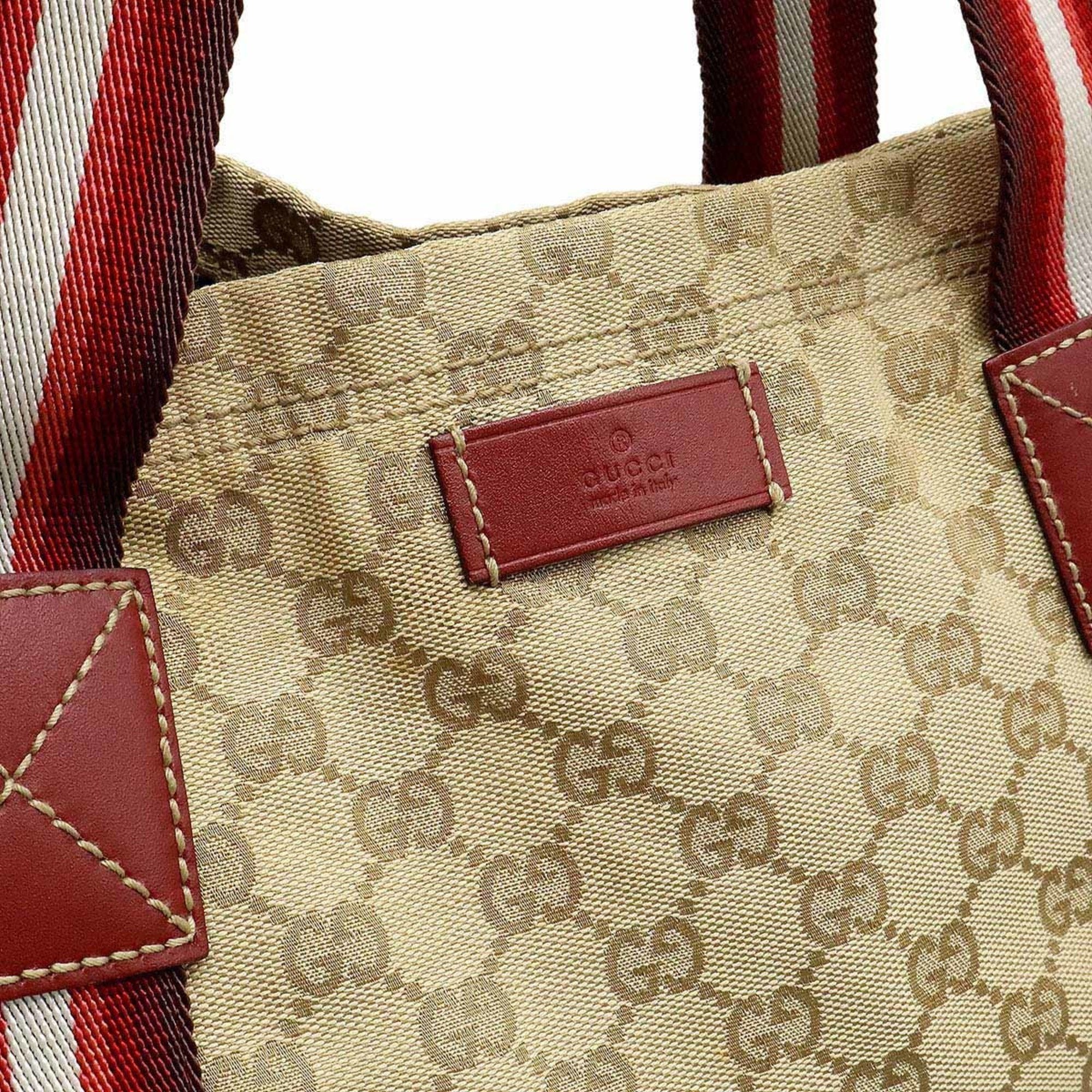Gucci Beige Multi-Color Red Color Canvas Leather Shoulder Bag Tote Bag (Pre-Owned)