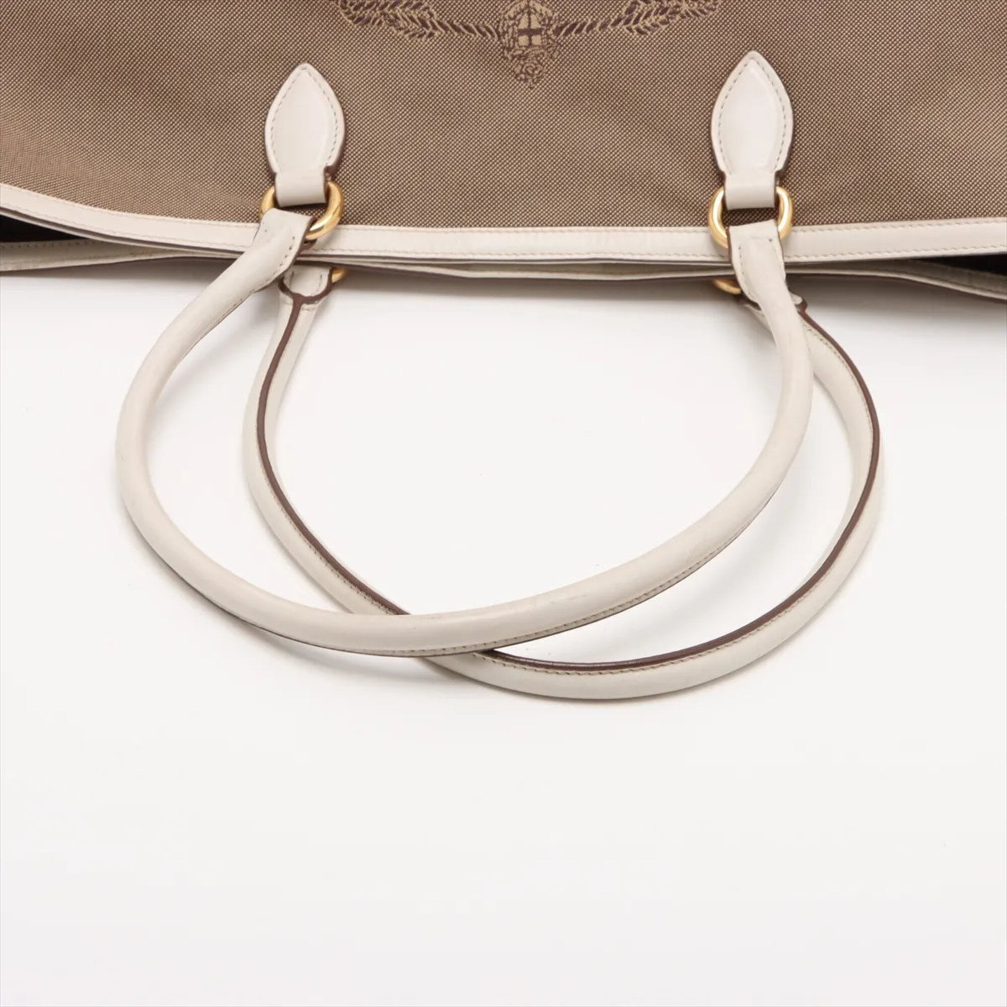 Prada Beige White Canvas Leather Handbag Tote Bag (Pre-Owned)