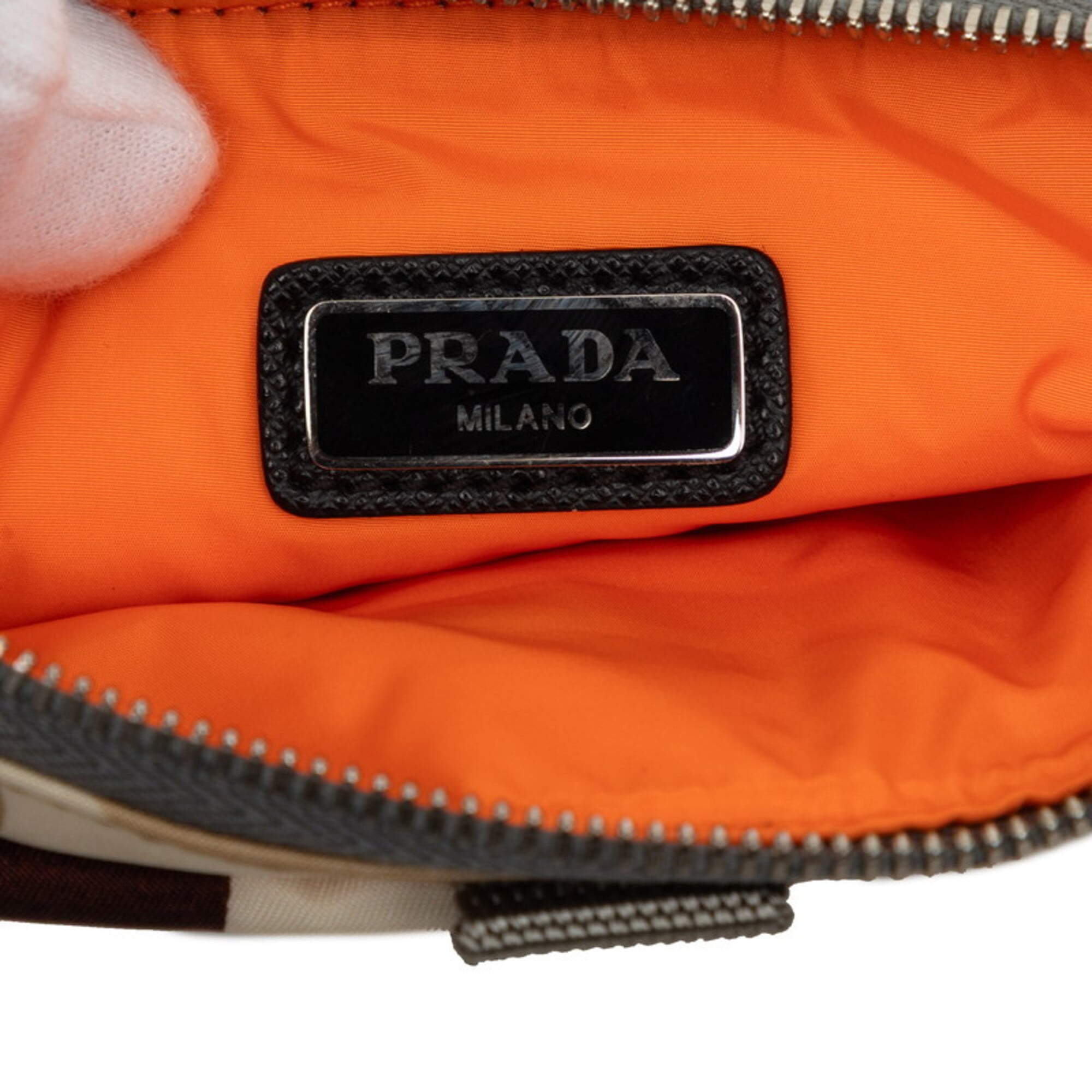 Prada Beige Black Brown Nylon Leather Clutch Bag Handbag Pouch (Pre-Owned)