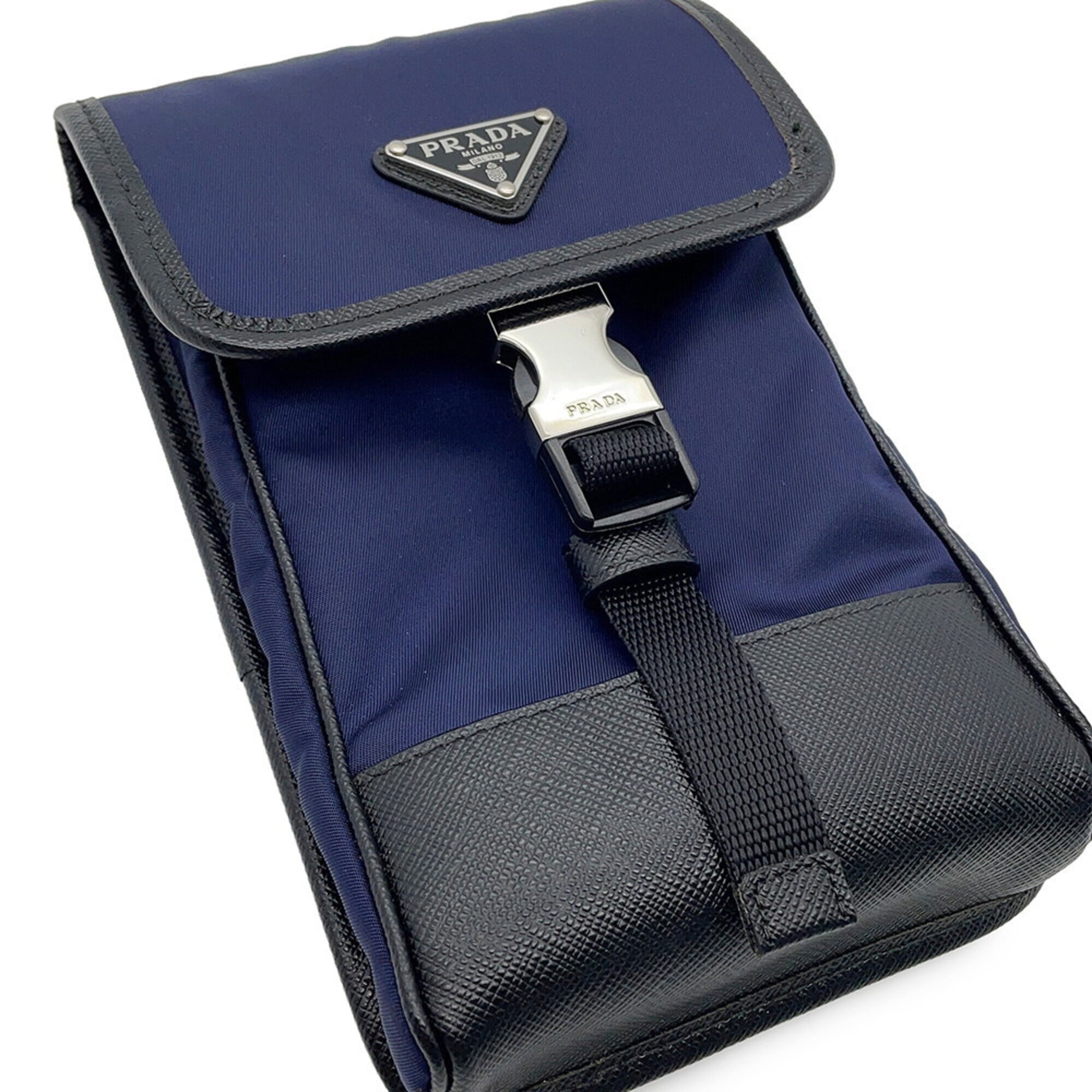 Prada Black Navy Canvas Leather Handbag Shoulder Bag (Pre-Owned)