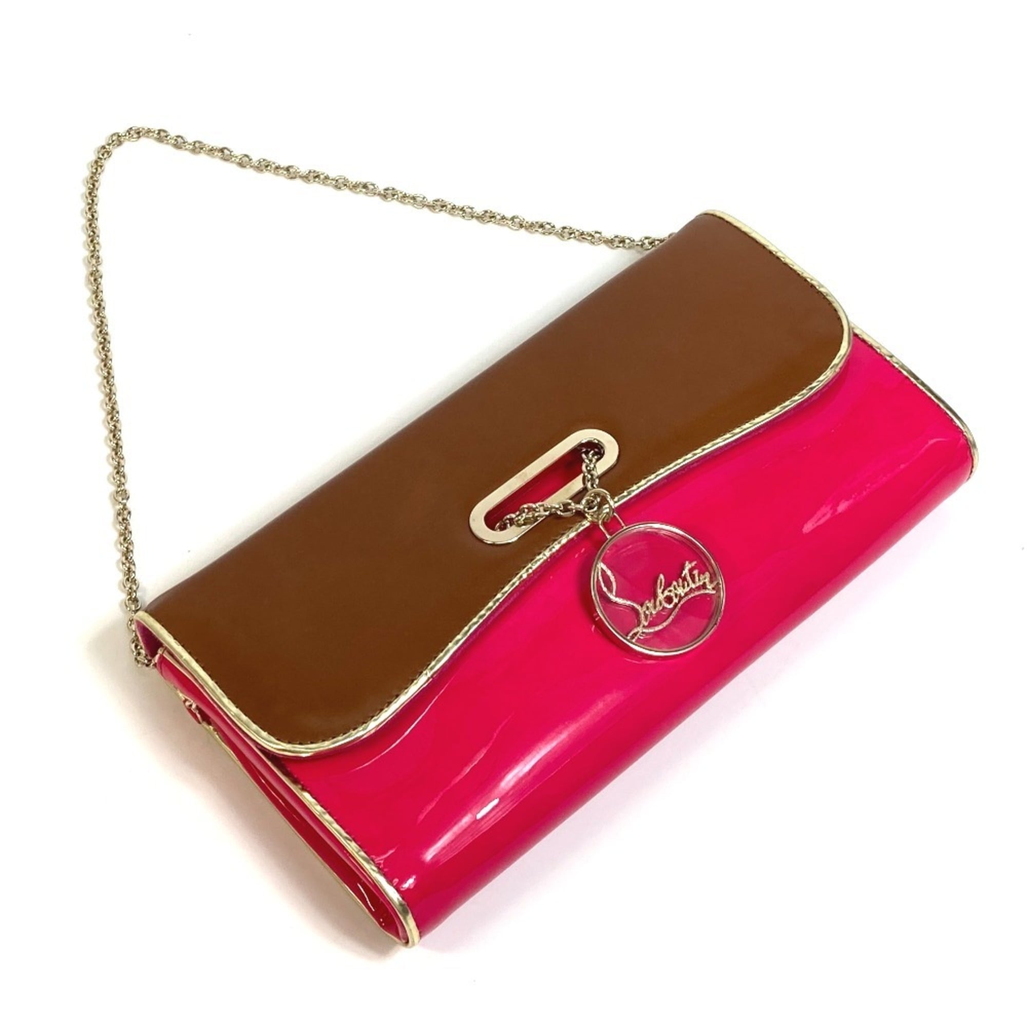 Christian Louboutin Brown Pink Patent Leather Suede Leather Clutch Bag Handbag (Pre-Owned)