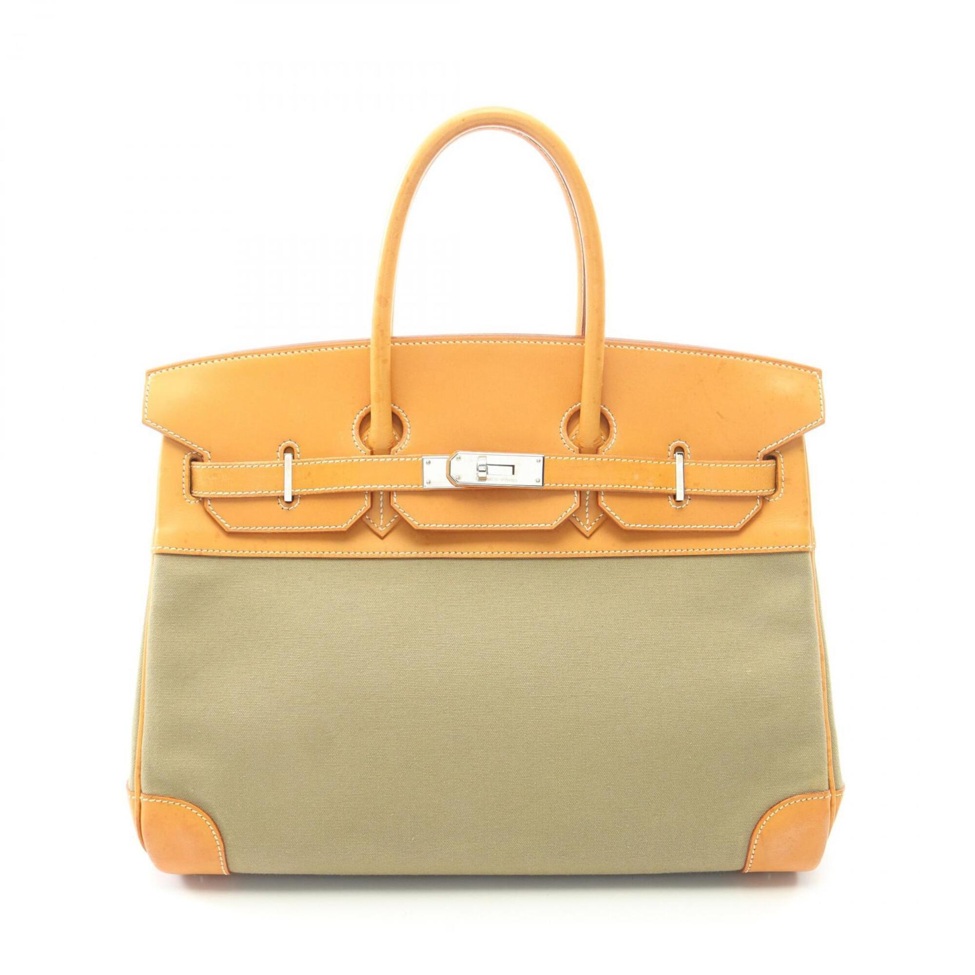 Hermes Brown Khaki Natural Canvas Barenia Leather Toile Officier Leather Handbag (Pre-Owned)