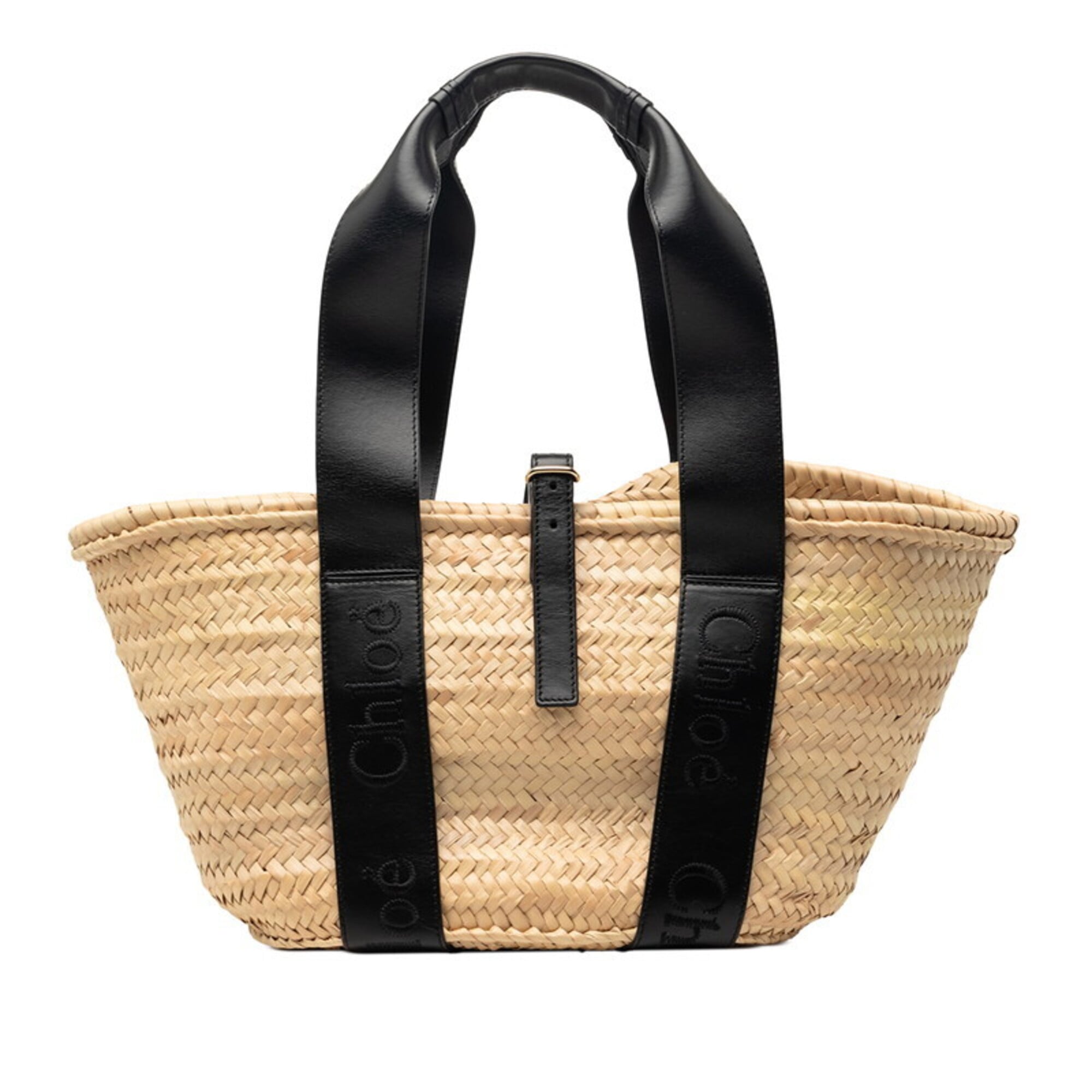 Chloé Beige Black Raffia Leather Basket Handbag (Pre-Owned)