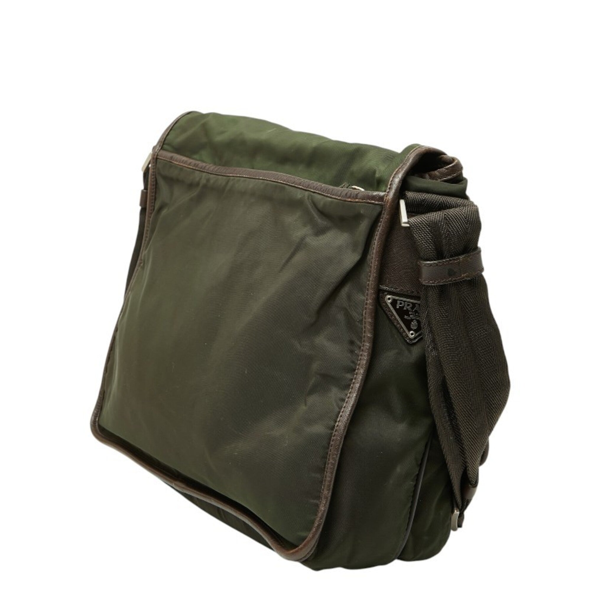 Prada Brown Green Khaki Nylon Leather Messenger Bag Shoulder Bag (Pre-Owned)