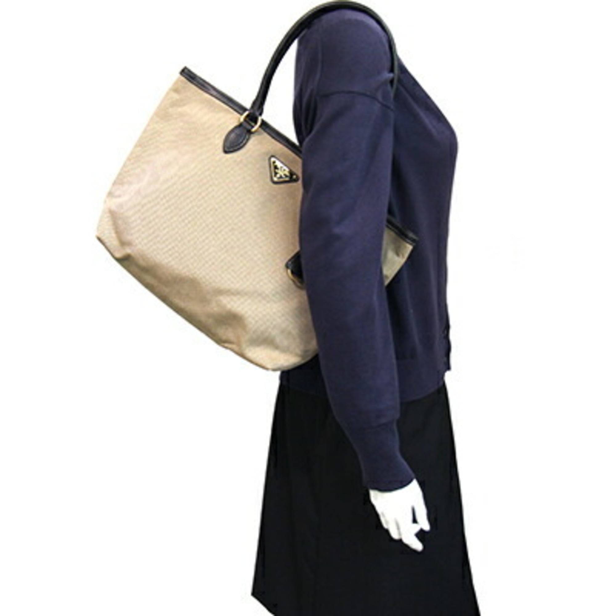 Prada Beige Brown Black Canvas Leather Tote Bag (Pre-Owned)