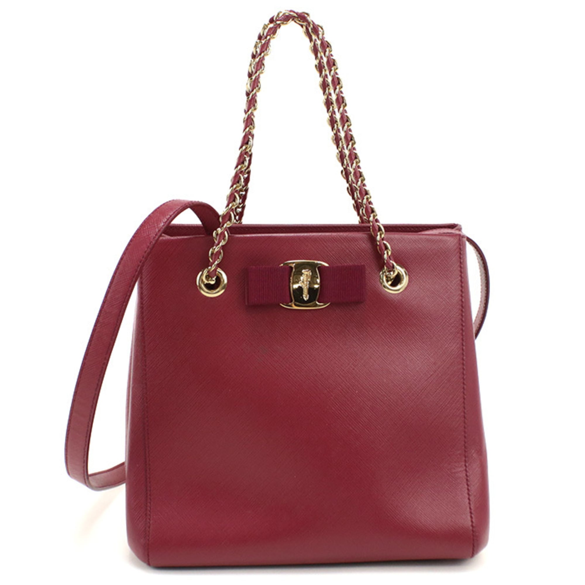 Salvatore Ferragamo Red Color Wine Leather Tote Bag (Pre-Owned)