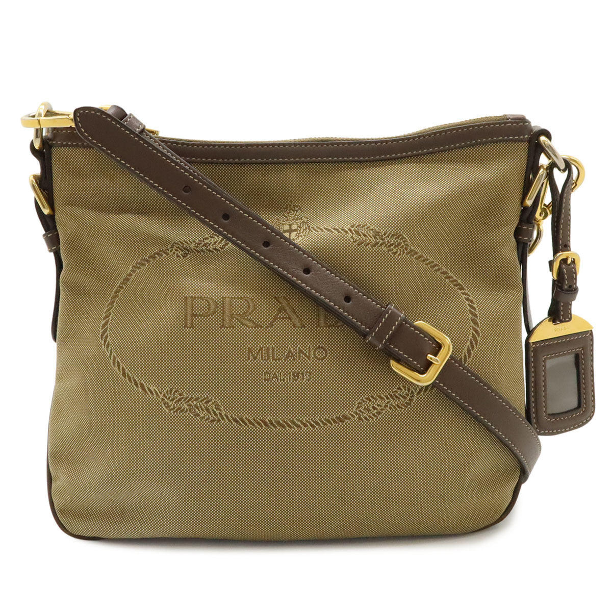Prada Beige Dark Brown Khaki Canvas Leather Clutch Bag Shoulder Bag (Pre-Owned)