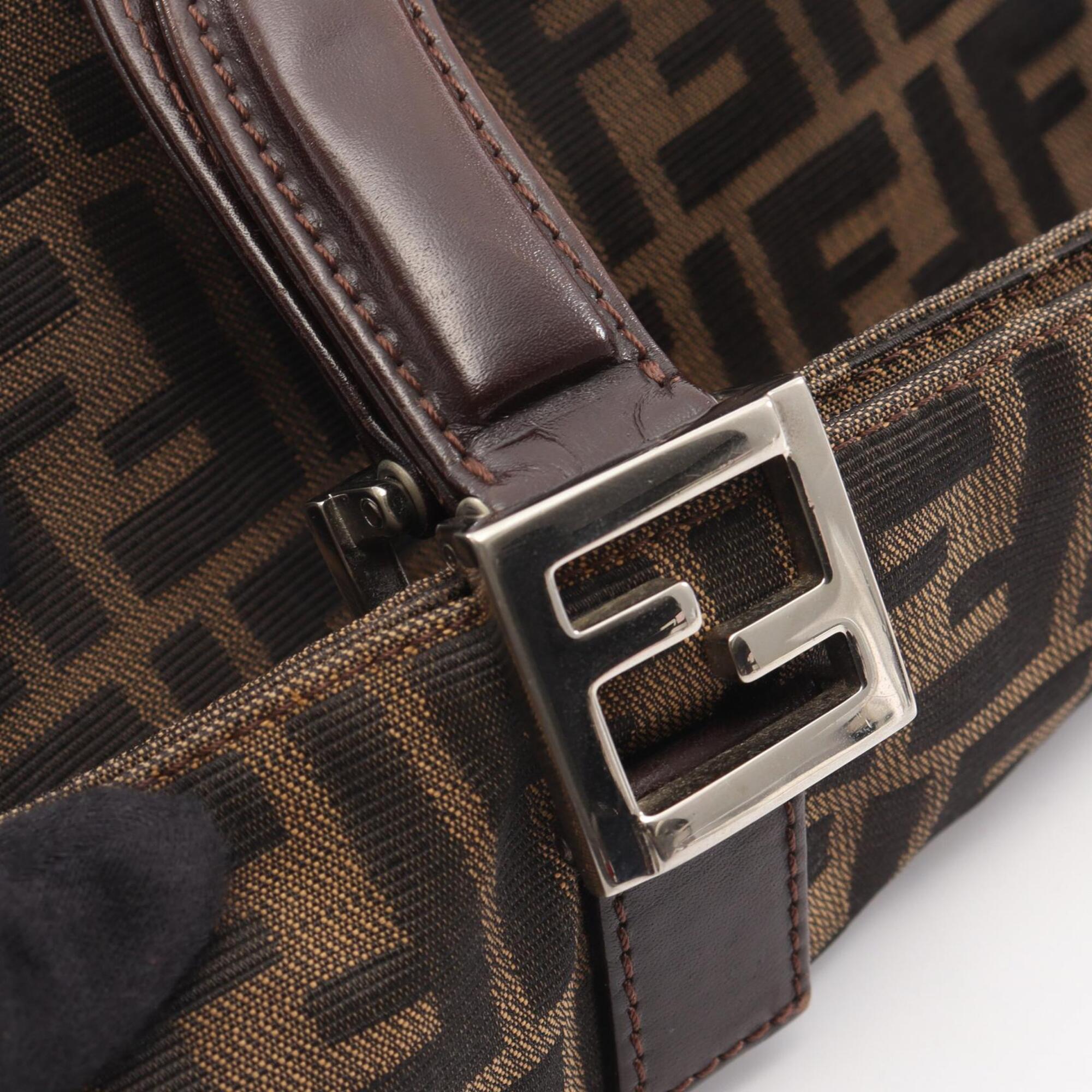 Fendi Beige Black Brown Leather Nylon Canvas Handbag (Pre-Owned)