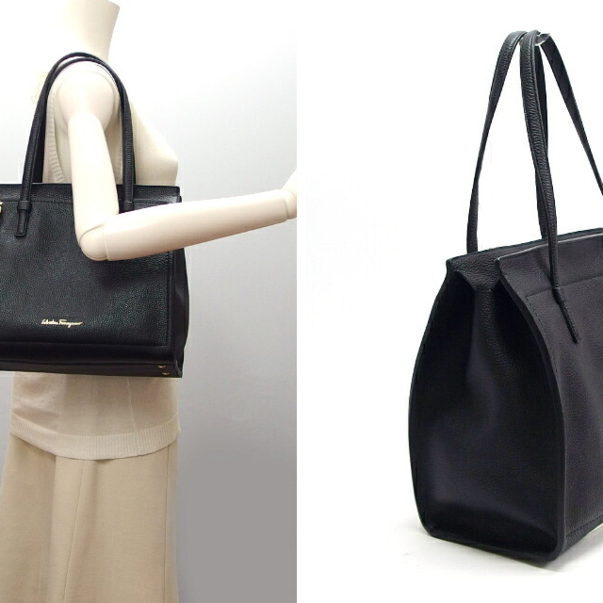 Salvatore Ferragamo Gancini Black Leather Shoulder Bag Tote Bag (Pre-Owned)