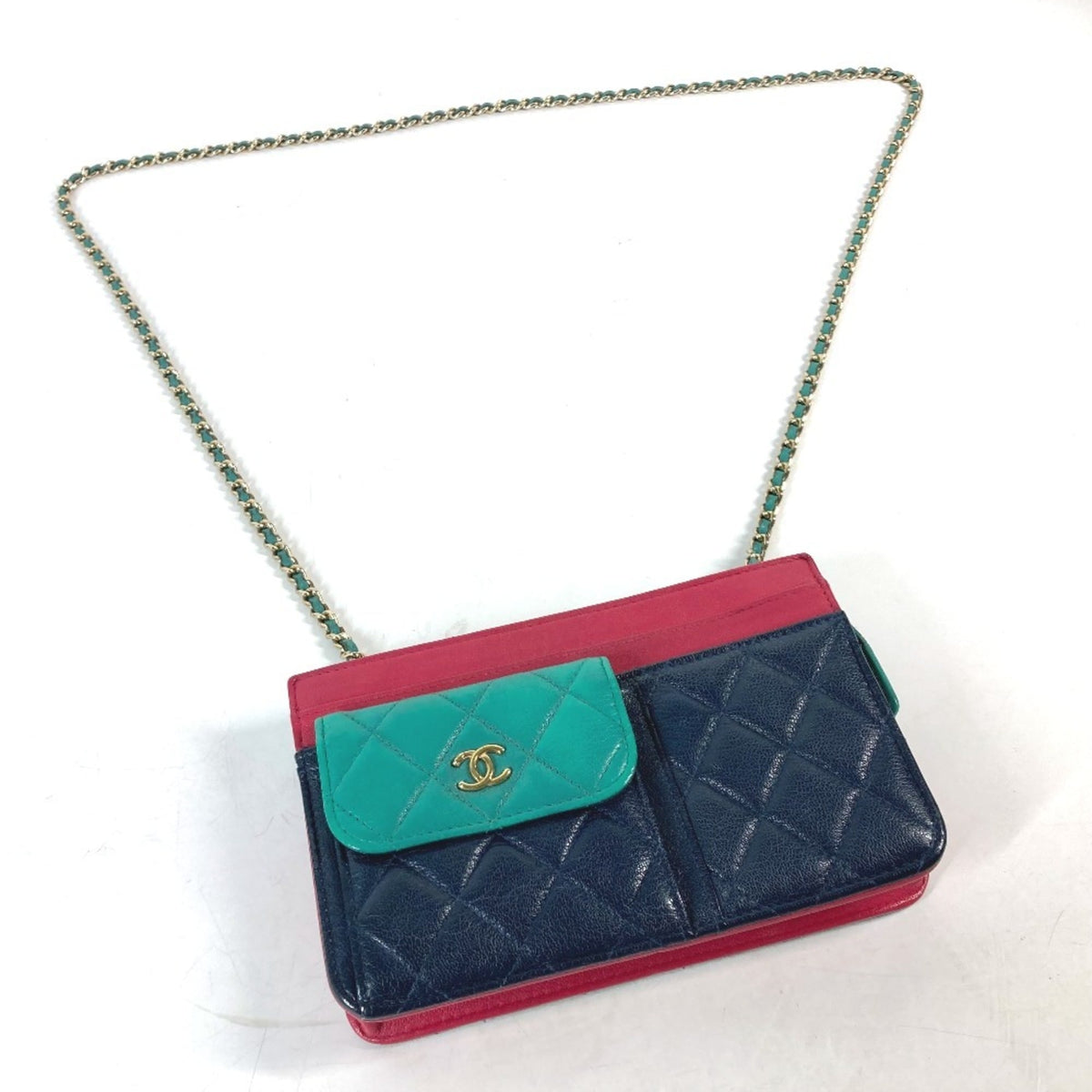 Chanel Navy Pink Grained Calfskin Pochette Shoulder Bag (Pre-Owned)