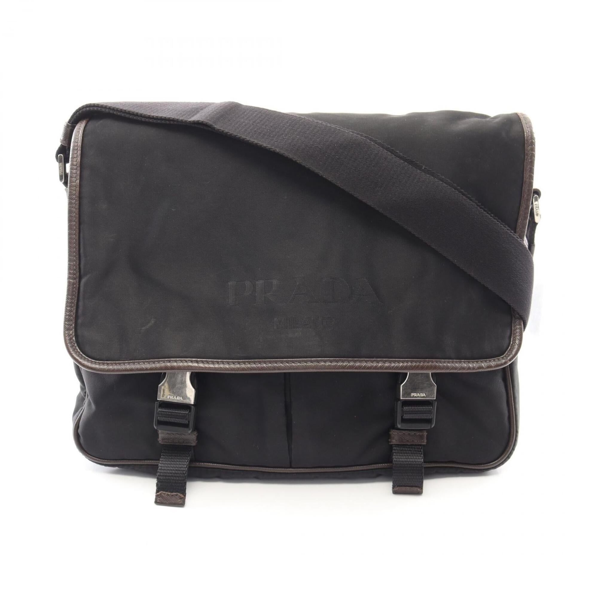 Prada Black Brown Canvas Leather Handbag Shoulder Bag (Pre-Owned)