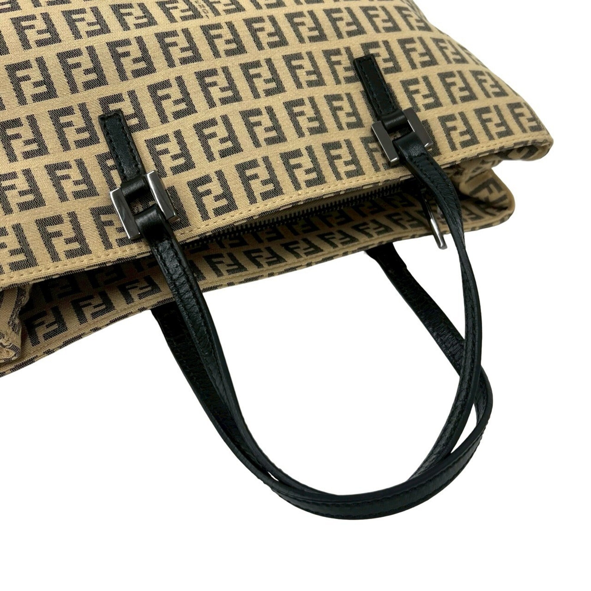Fendi Beige Black Nylon Leather Handbag Tote Bag (Pre-Owned)