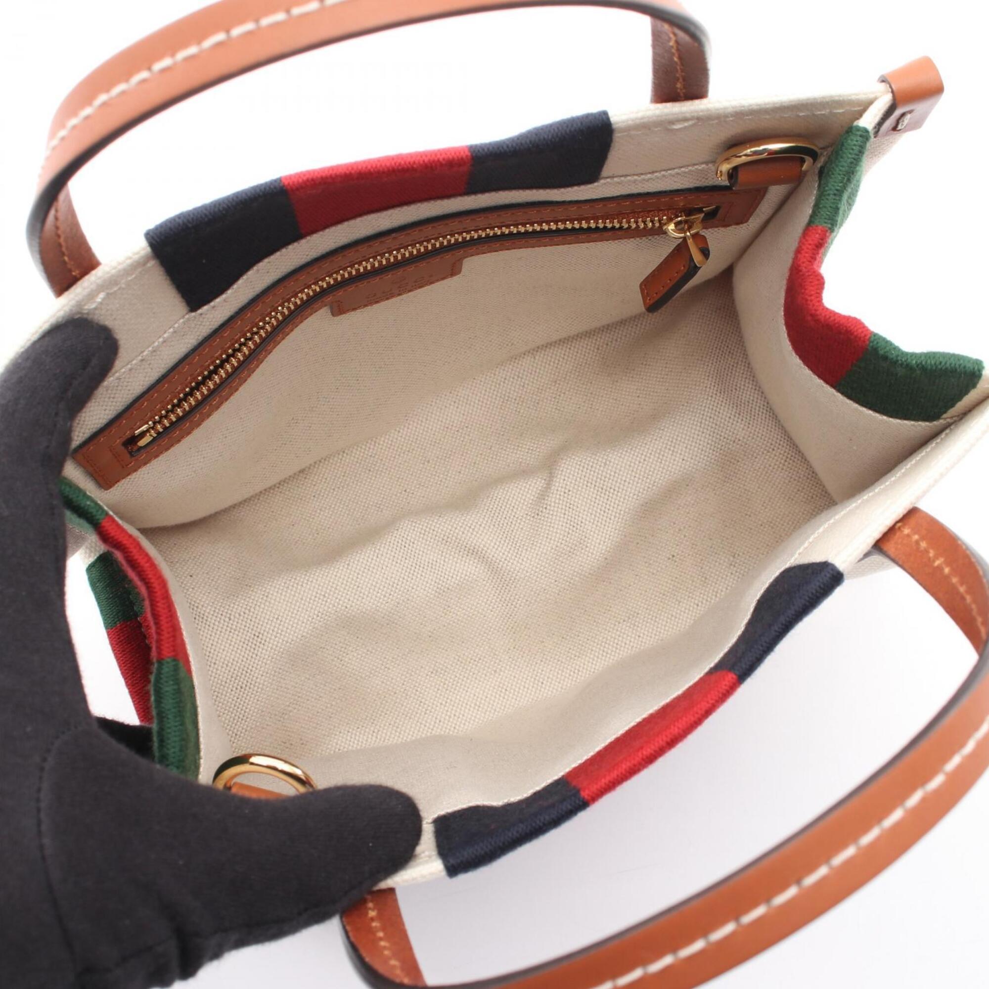 Gucci Brown Multi-Color White Canvas Leather Handbag Tote Bag (Pre-Owned)