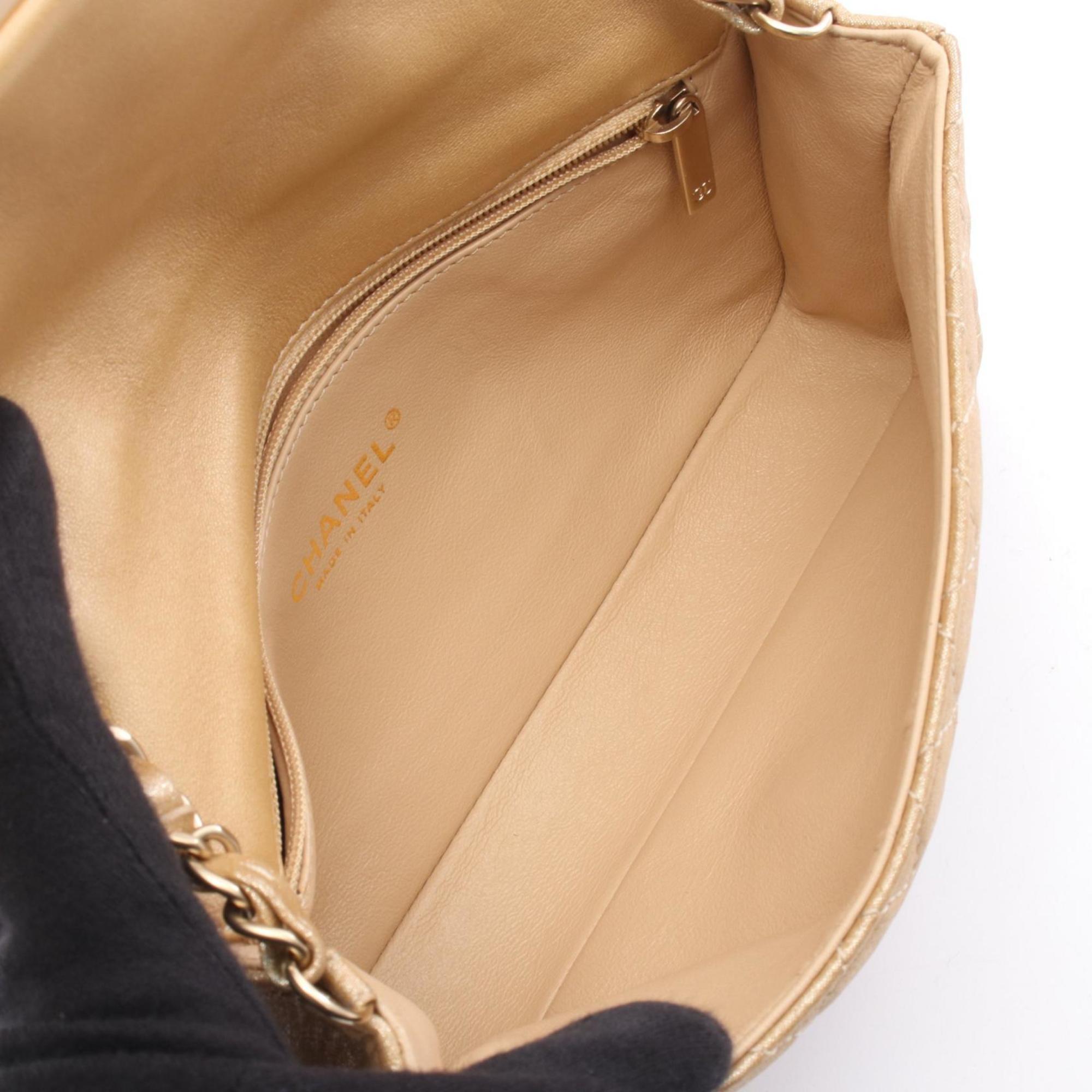 Chanel Beige Gold Gold Brown Fabric Leather Handbag Shoulder Bag (Pre-Owned)