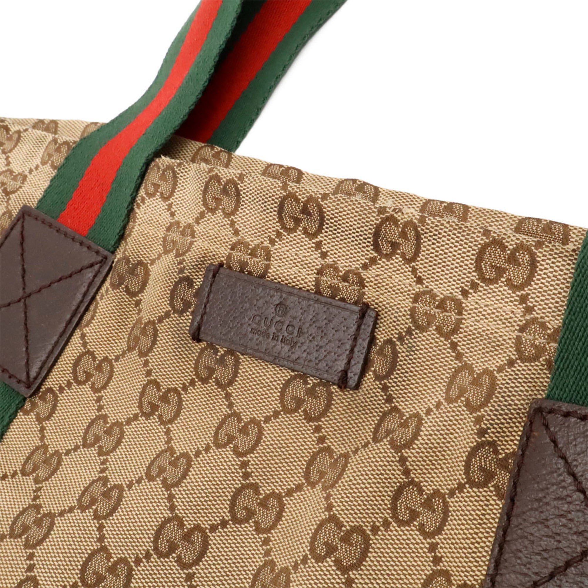 Gucci Beige Green Khaki Red Color Canvas Leather Shoulder Bag Tote Bag (Pre-Owned)