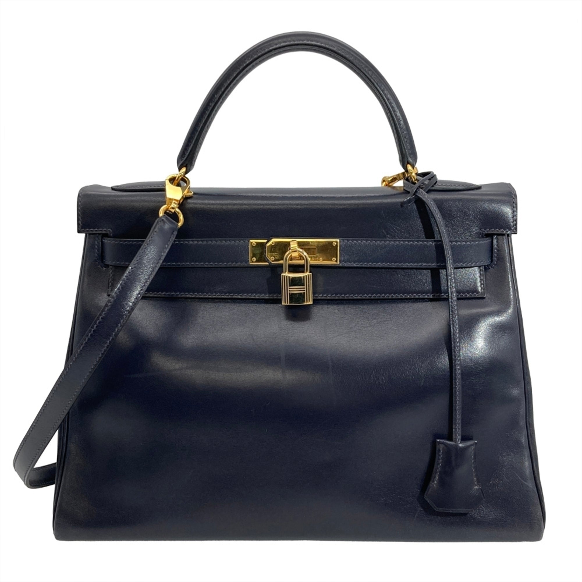 Hermes Navy Box Calf Leather Handbag (Pre-Owned)