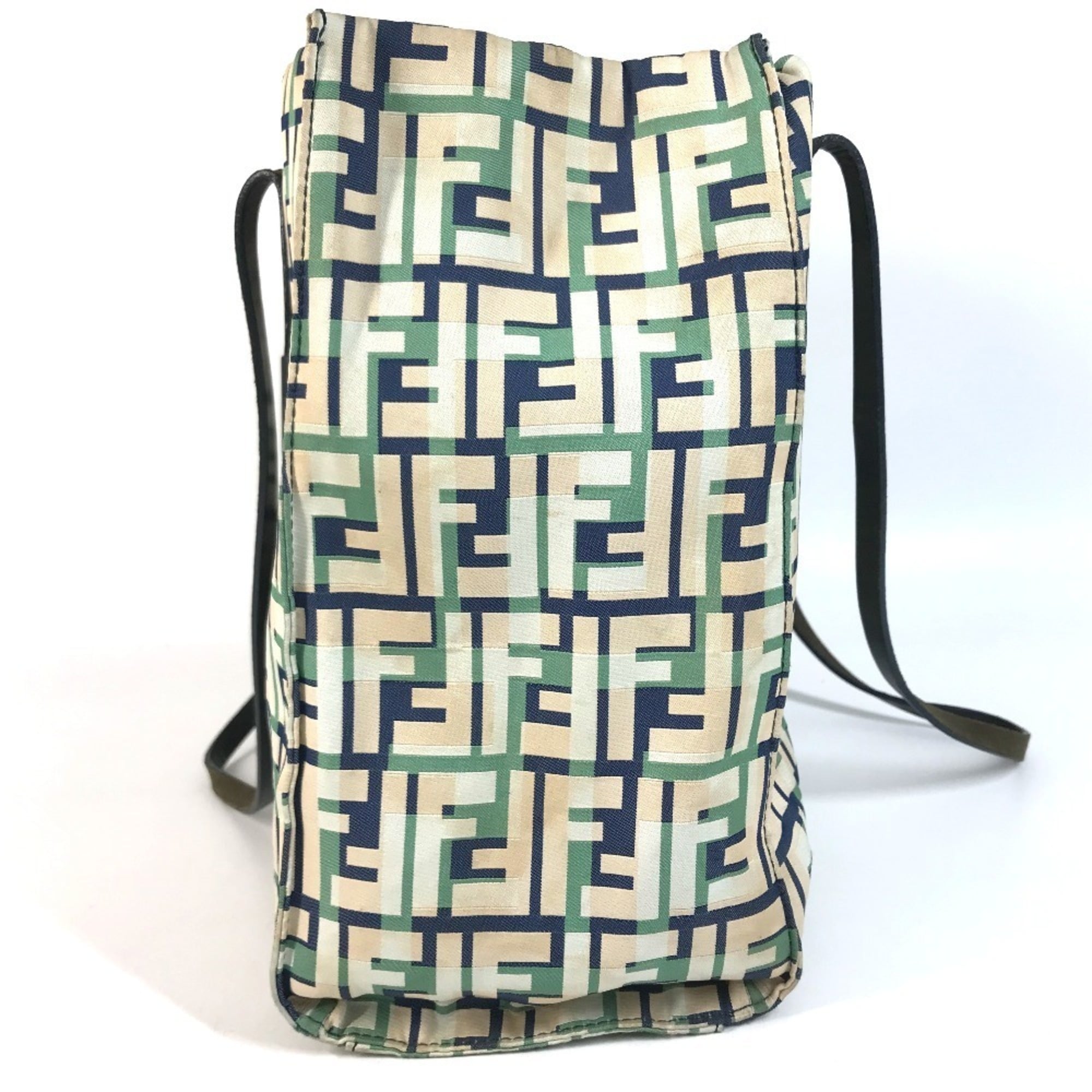 Fendi Beige Blue Green Leather Canvas Shoulder Bag Tote Bag (Pre-Owned)