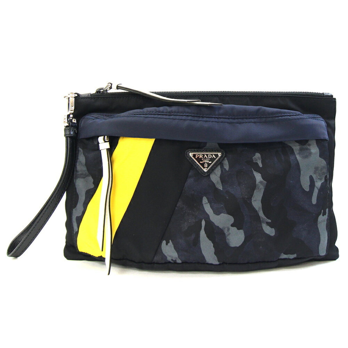 Prada Black Navy Nylon Leather Clutch Bag Handbag (Pre-Owned)