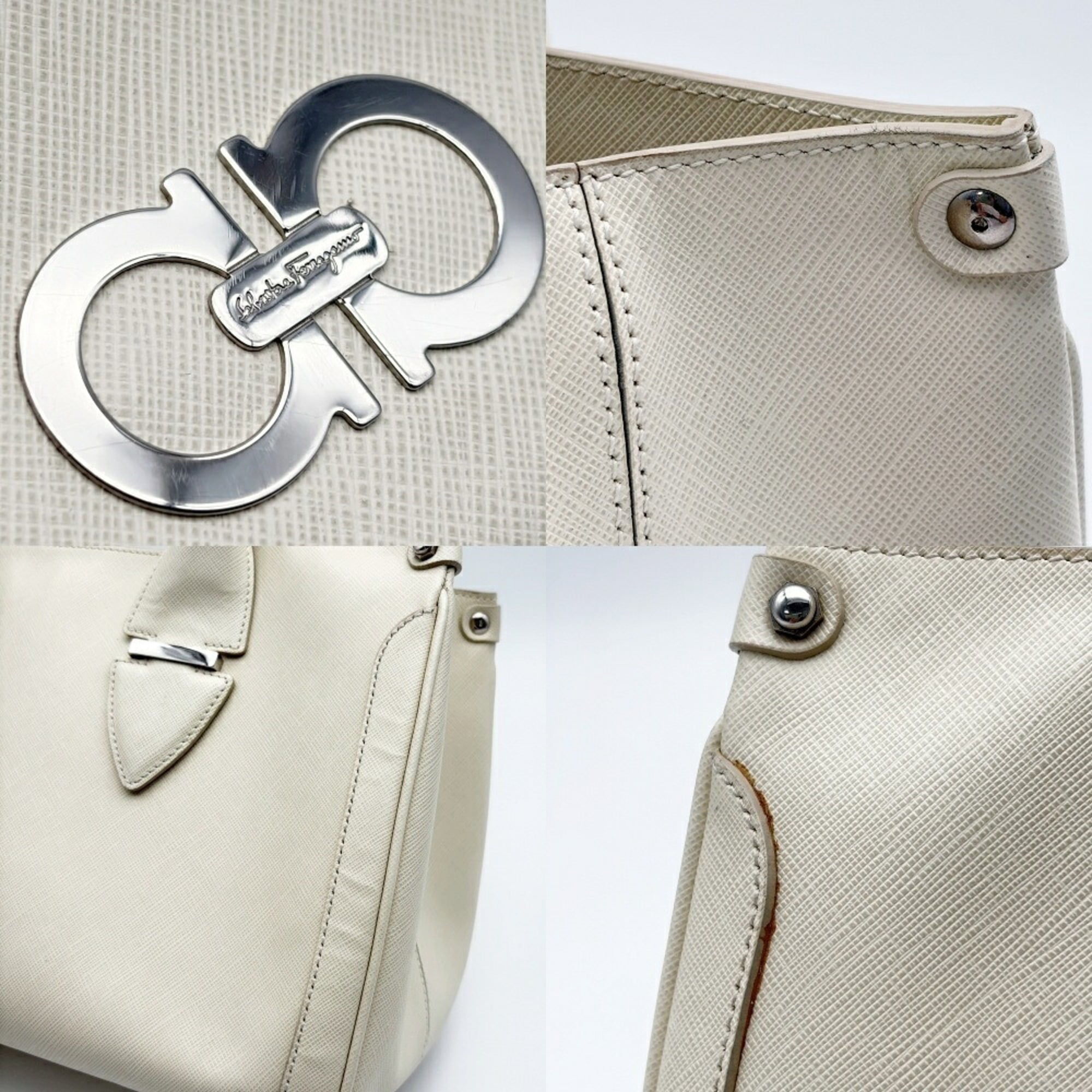 Salvatore Ferragamo Gancini Ivory Leather Tote Bag (Pre-Owned)