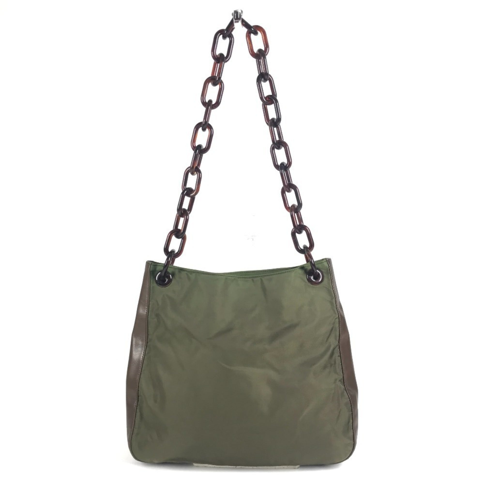Prada Brown Khaki Leather Nylon Shoulder Bag Tote Bag (Pre-Owned)