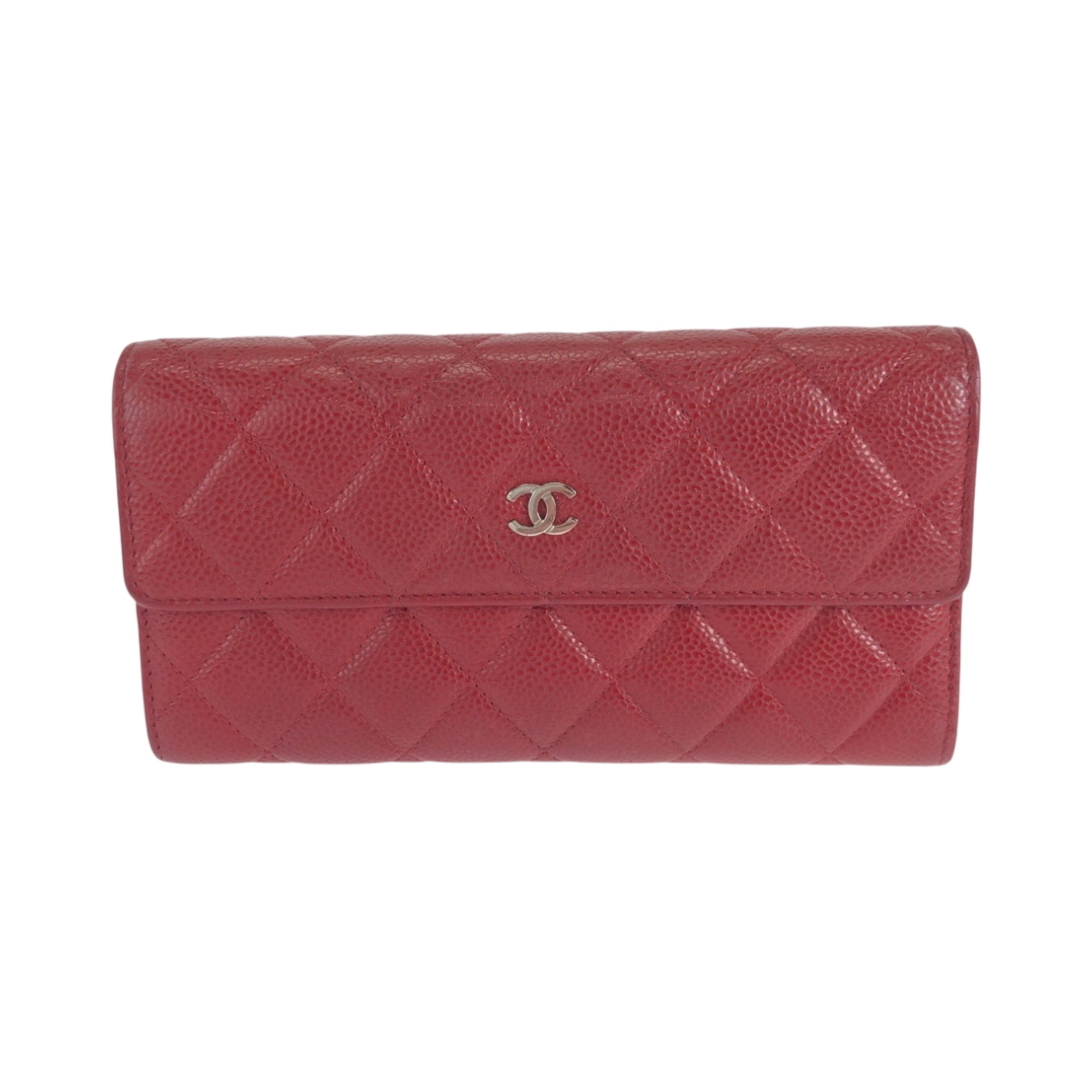Chanel Red Color Grained Calfskin Long Wallet (Bi-Fold) (Pre-Owned)